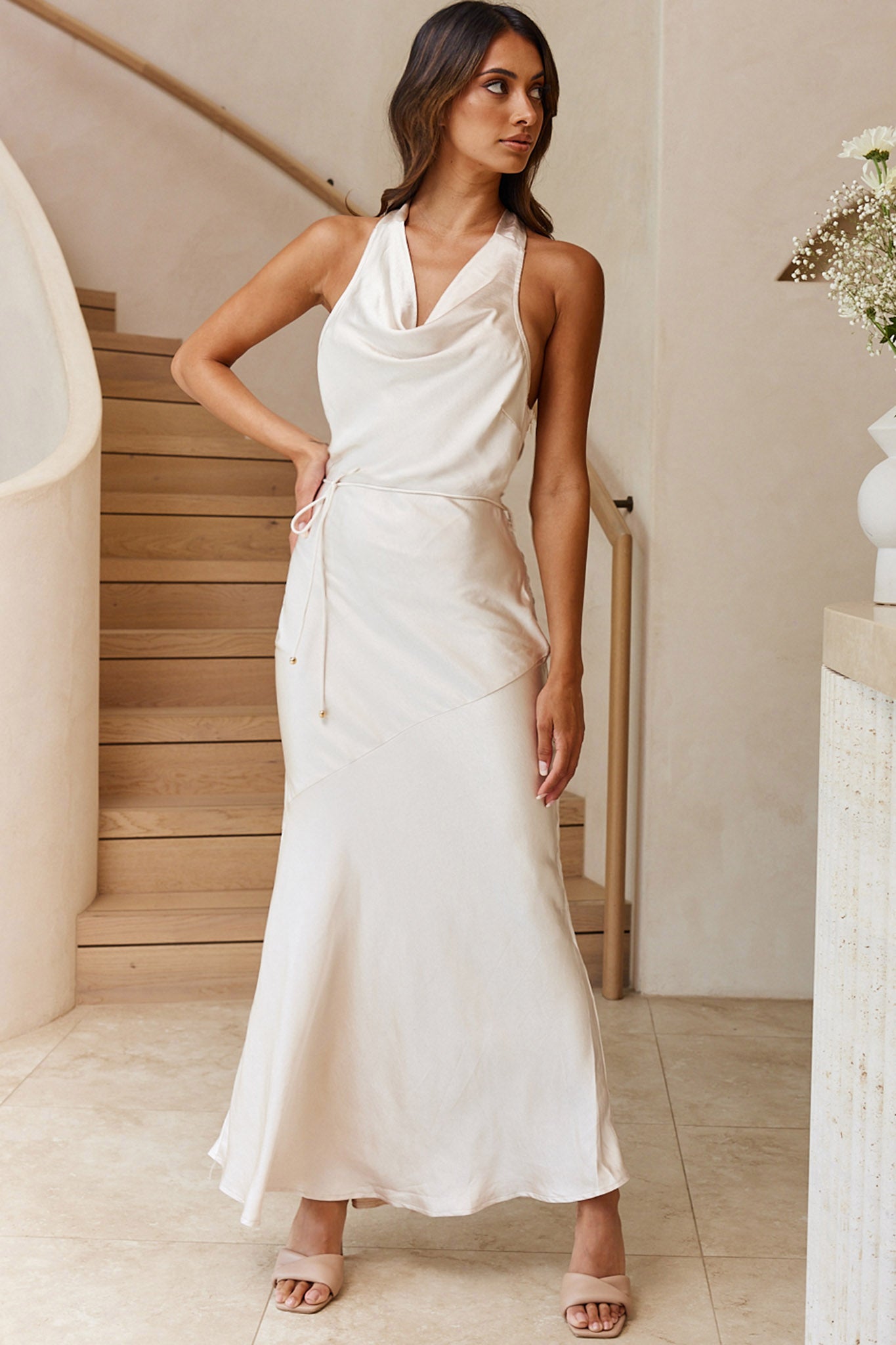 India Cowl Halterneck Satin Maxi Dress Champagne-Maymioy