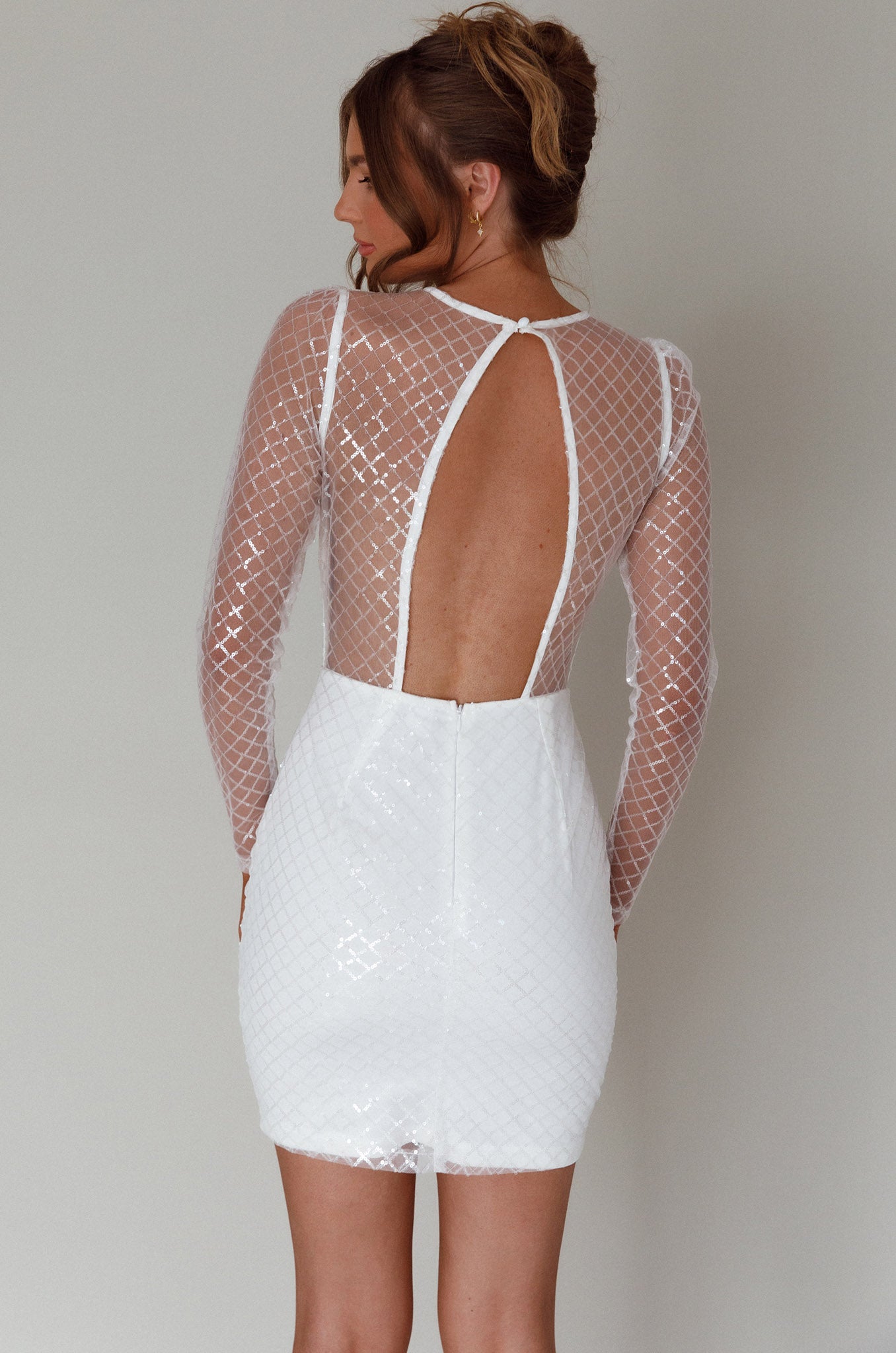 Juno Plunging Neckline Sequin Mini Dress White-Maymioy