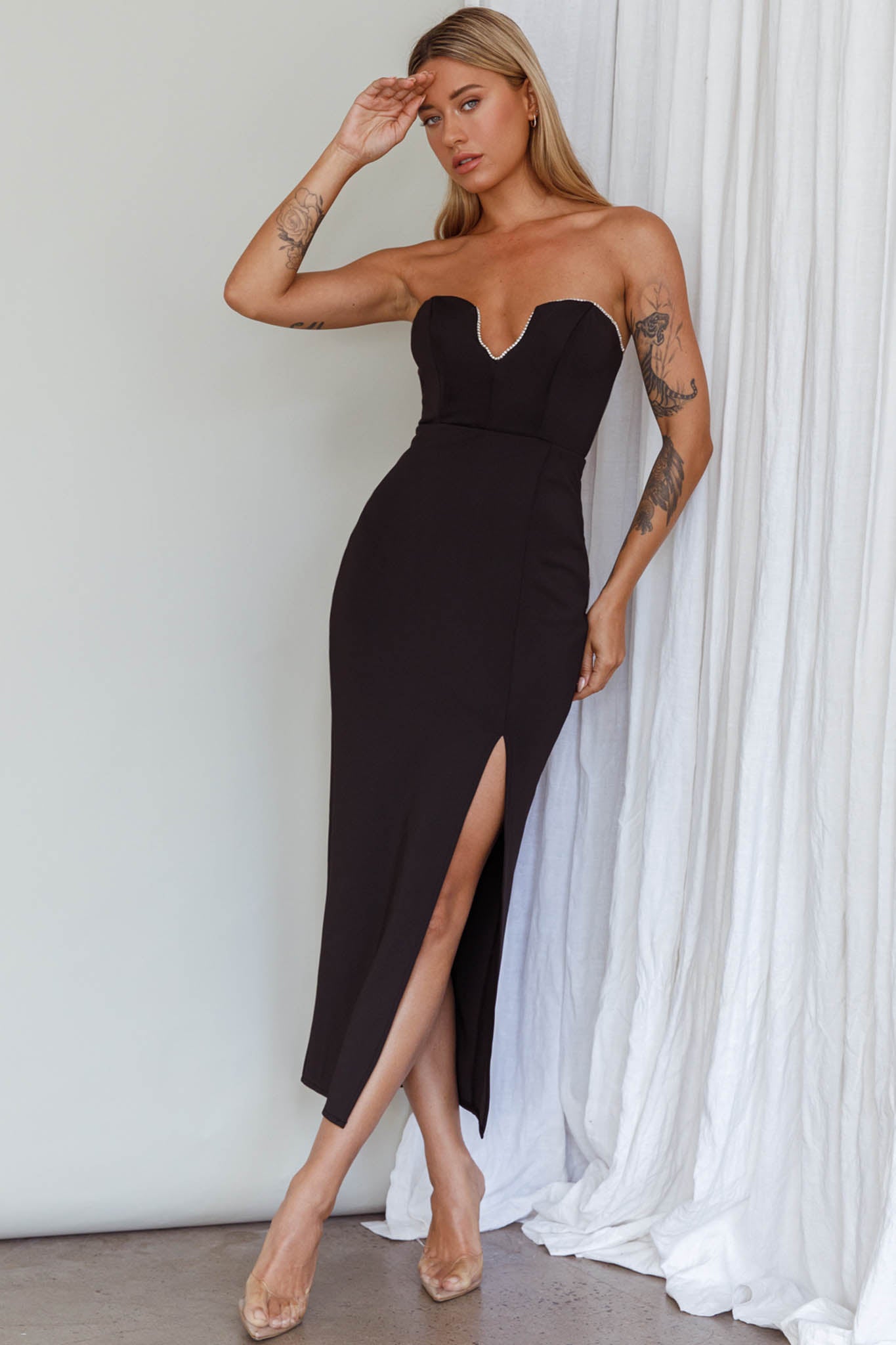 Mystic Diamante Neckline Midi Dress Black-Maymioy