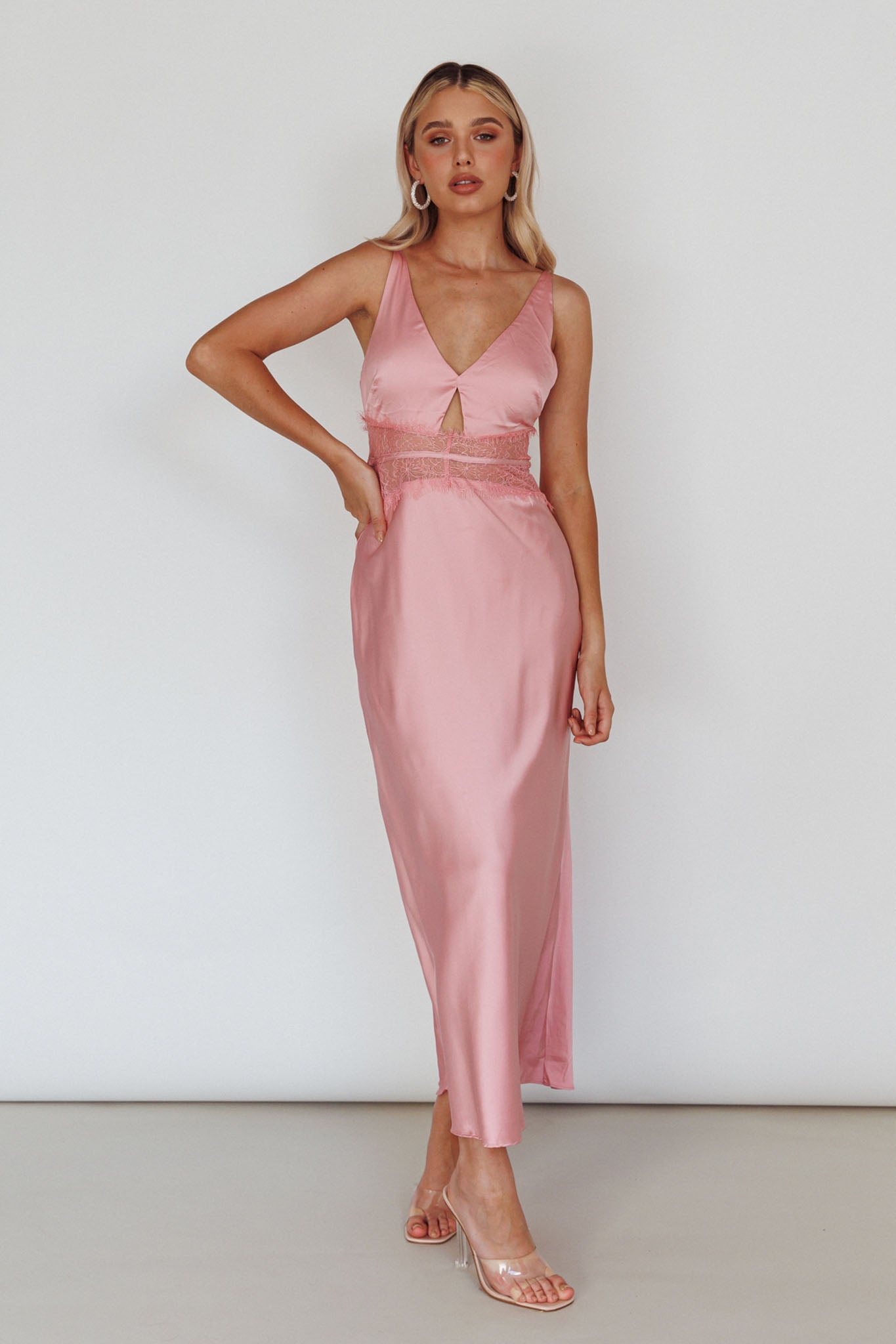 Honeybee Lace Trim Maxi Dress Blush-Maymioy