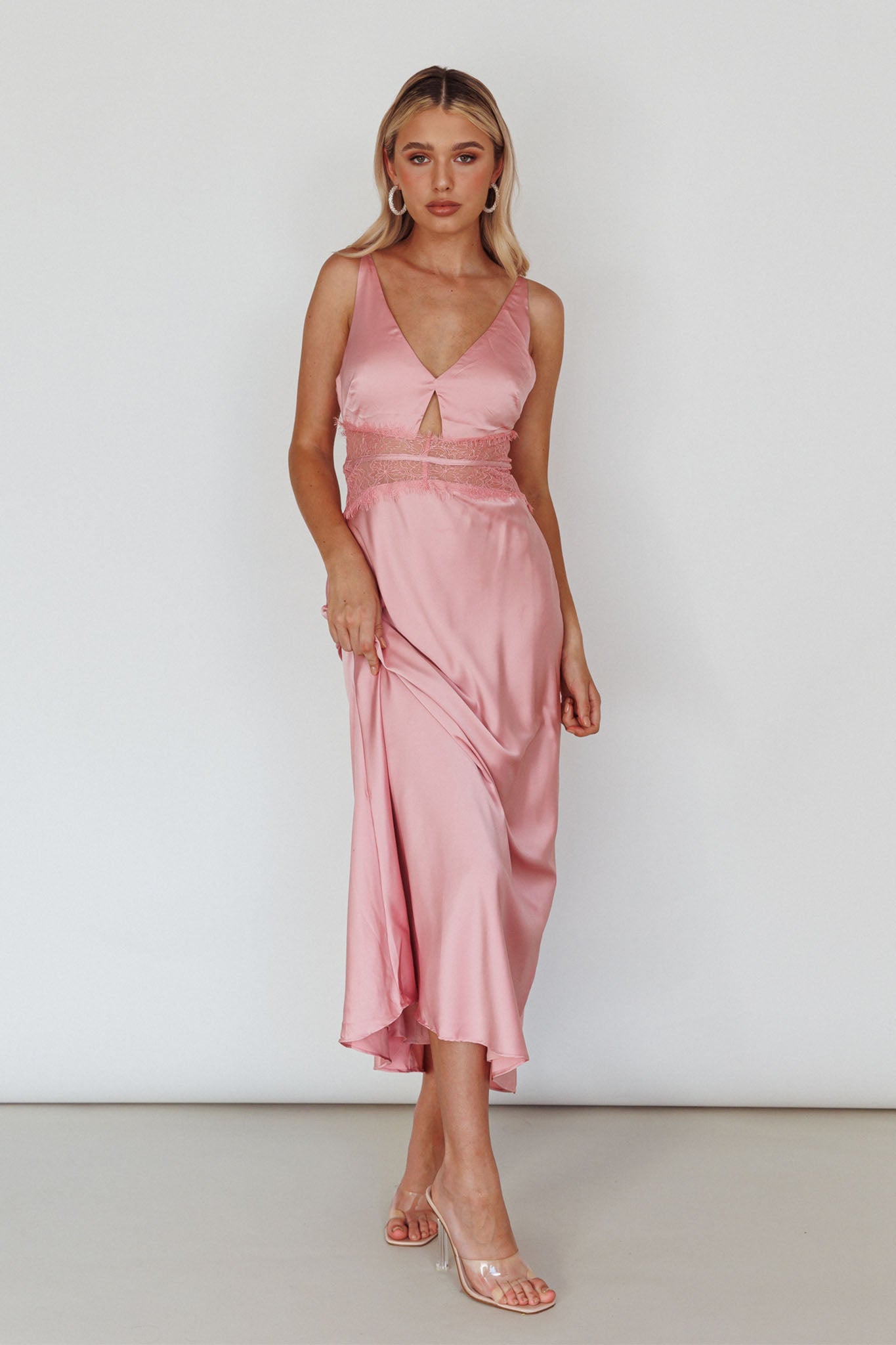 Honeybee Lace Trim Maxi Dress Blush-Maymioy