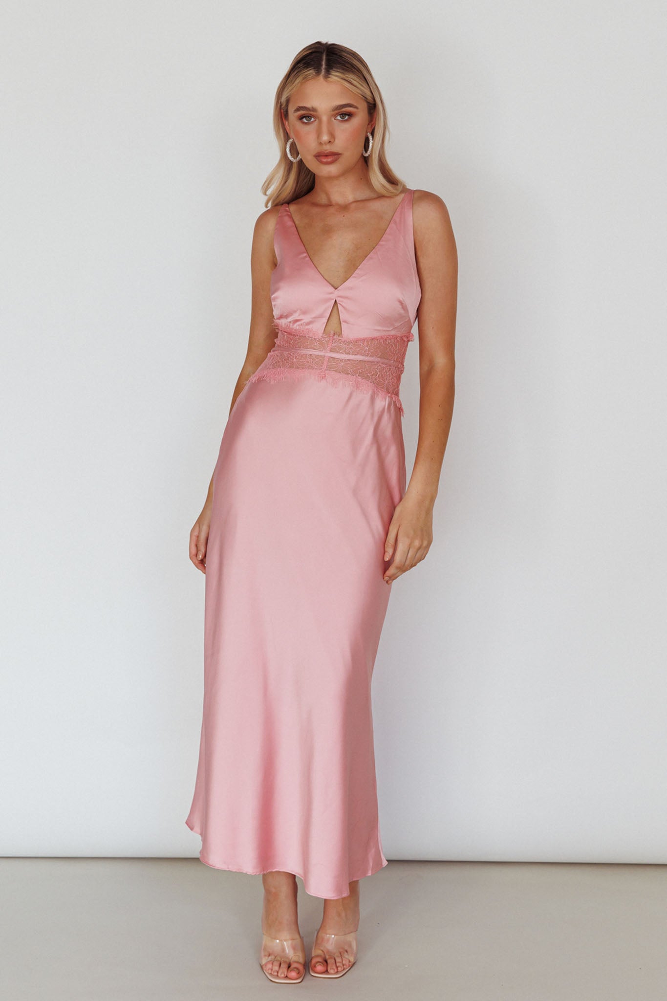 Honeybee Lace Trim Maxi Dress Blush-Maymioy