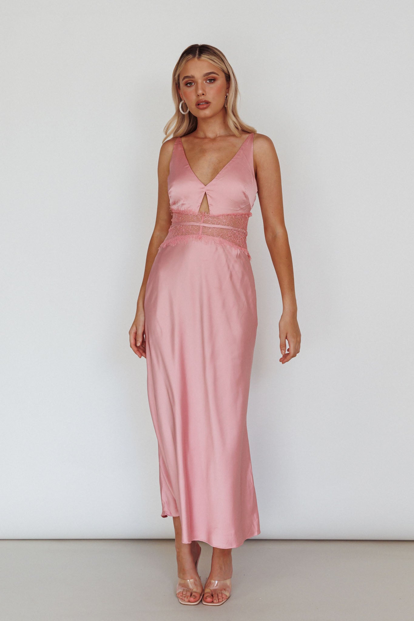 Honeybee Lace Trim Maxi Dress Blush-Maymioy