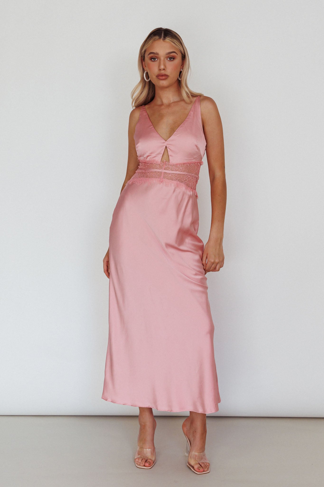 Honeybee Lace Trim Maxi Dress Blush-Maymioy
