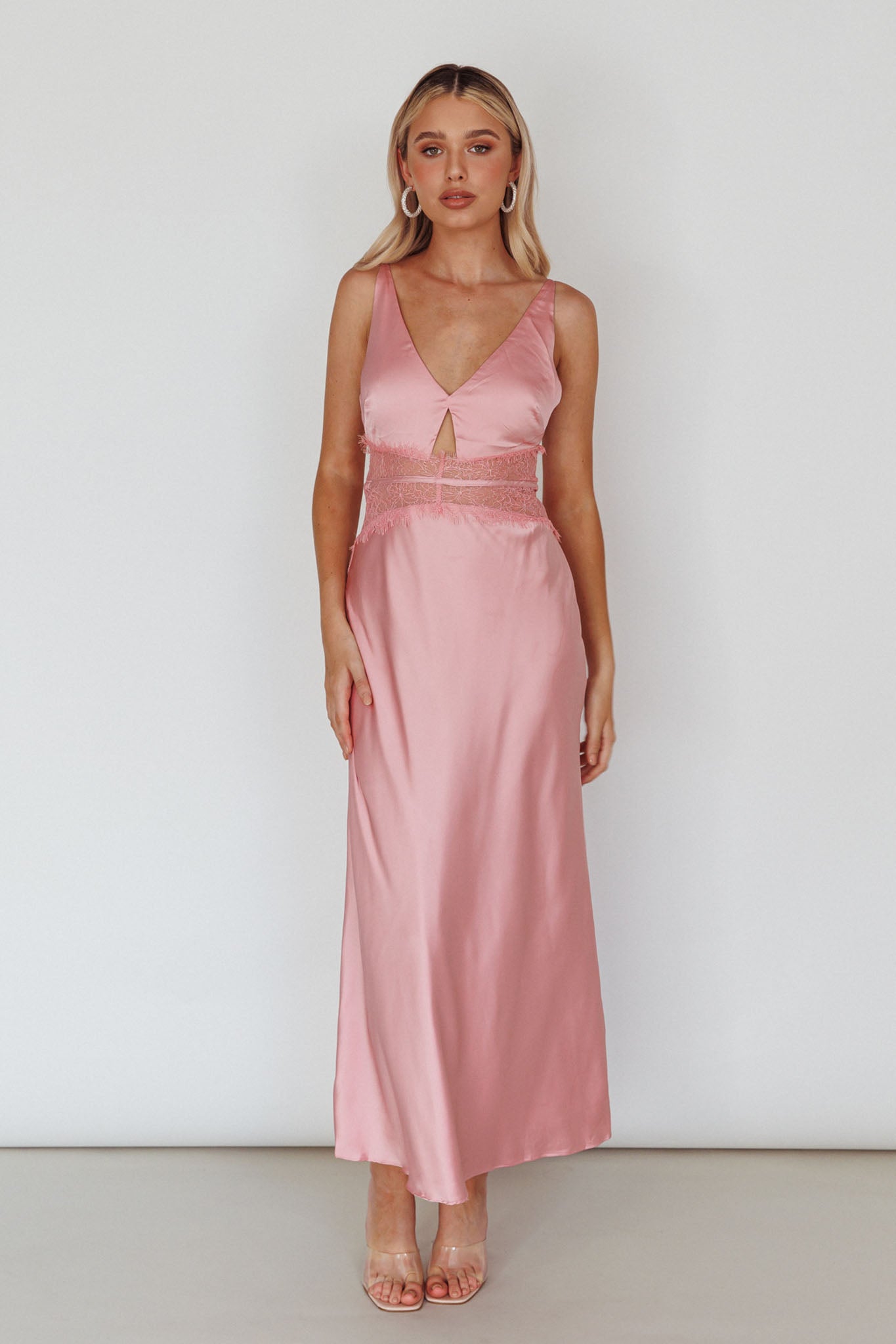 Honeybee Lace Trim Maxi Dress Blush-Maymioy