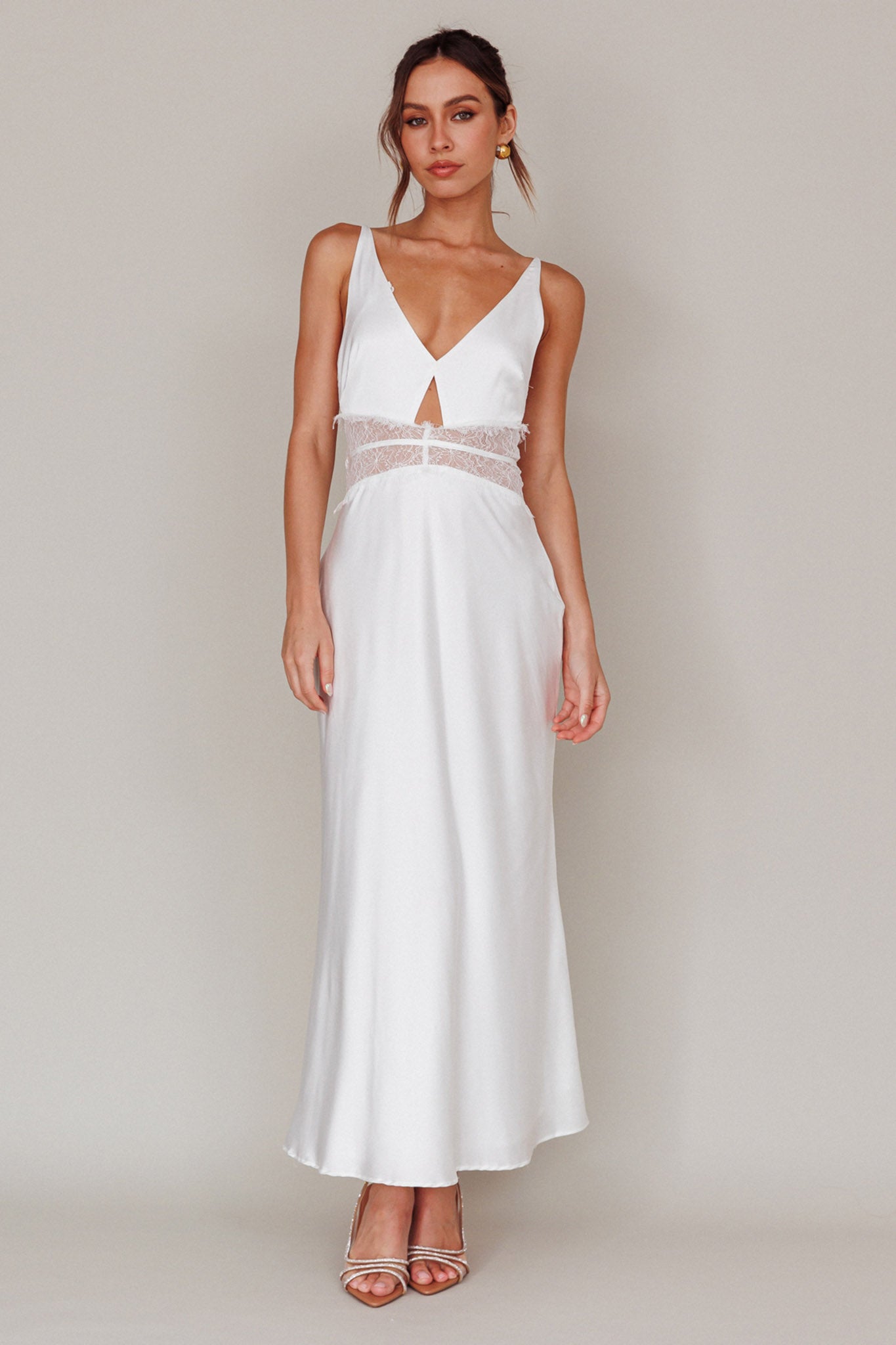 Honeybee Lace Trim Maxi Dress White-Maymioy