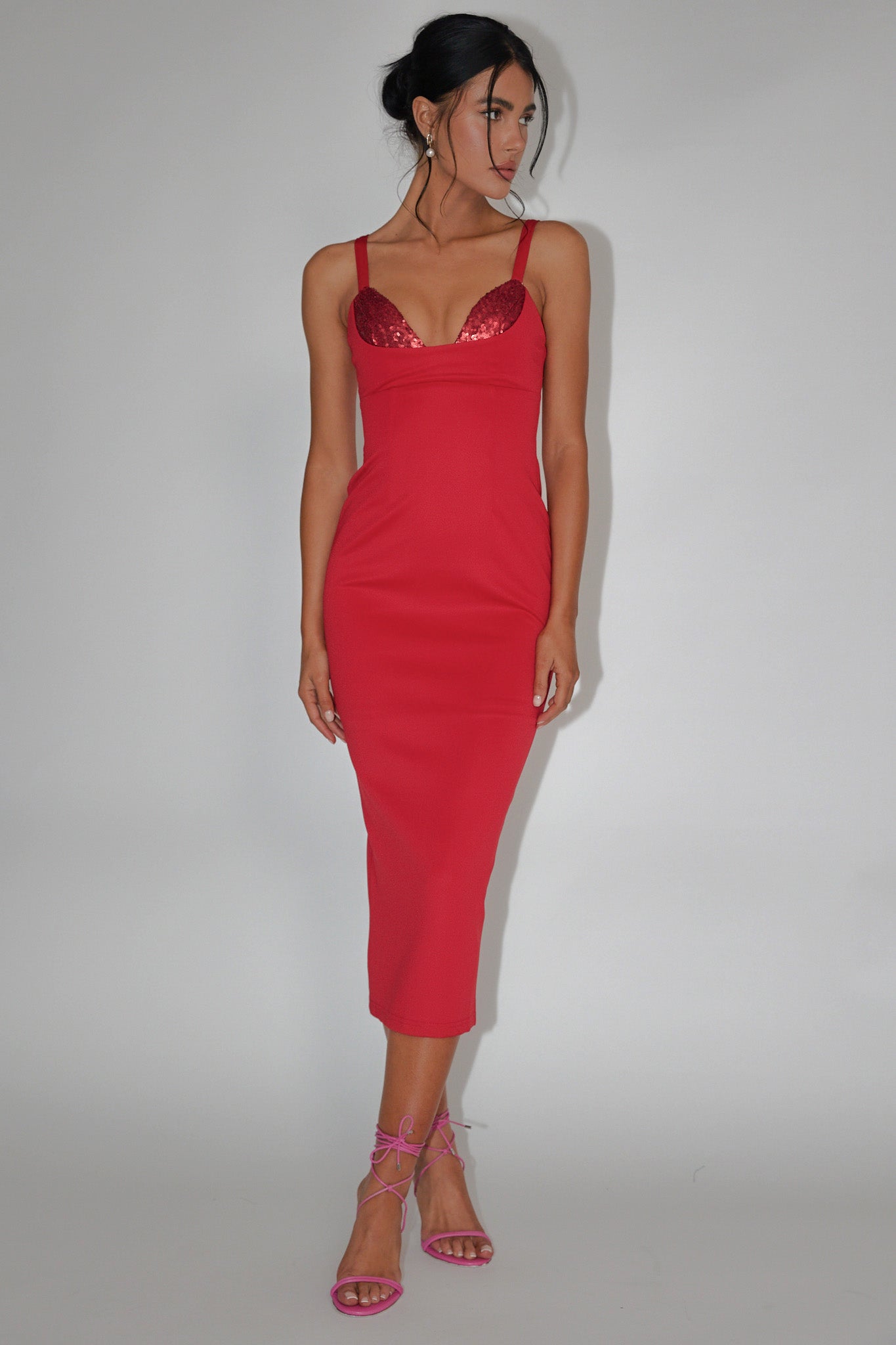 La Bellevilloise Sequin Bust Midi Dress Red-Maymioy