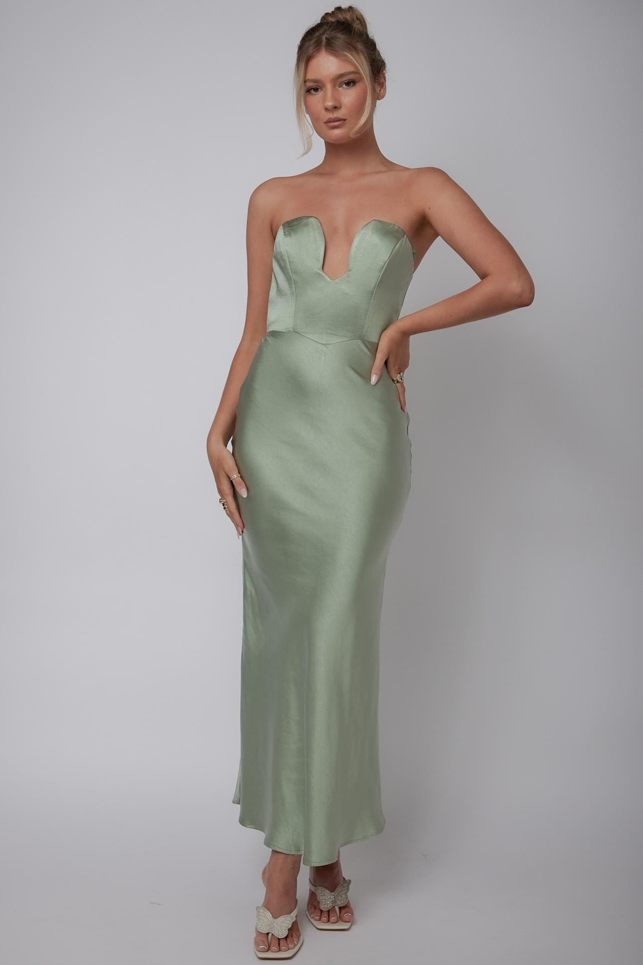 Encore Strapless Satin Maxi Dress Olive-Maymioy