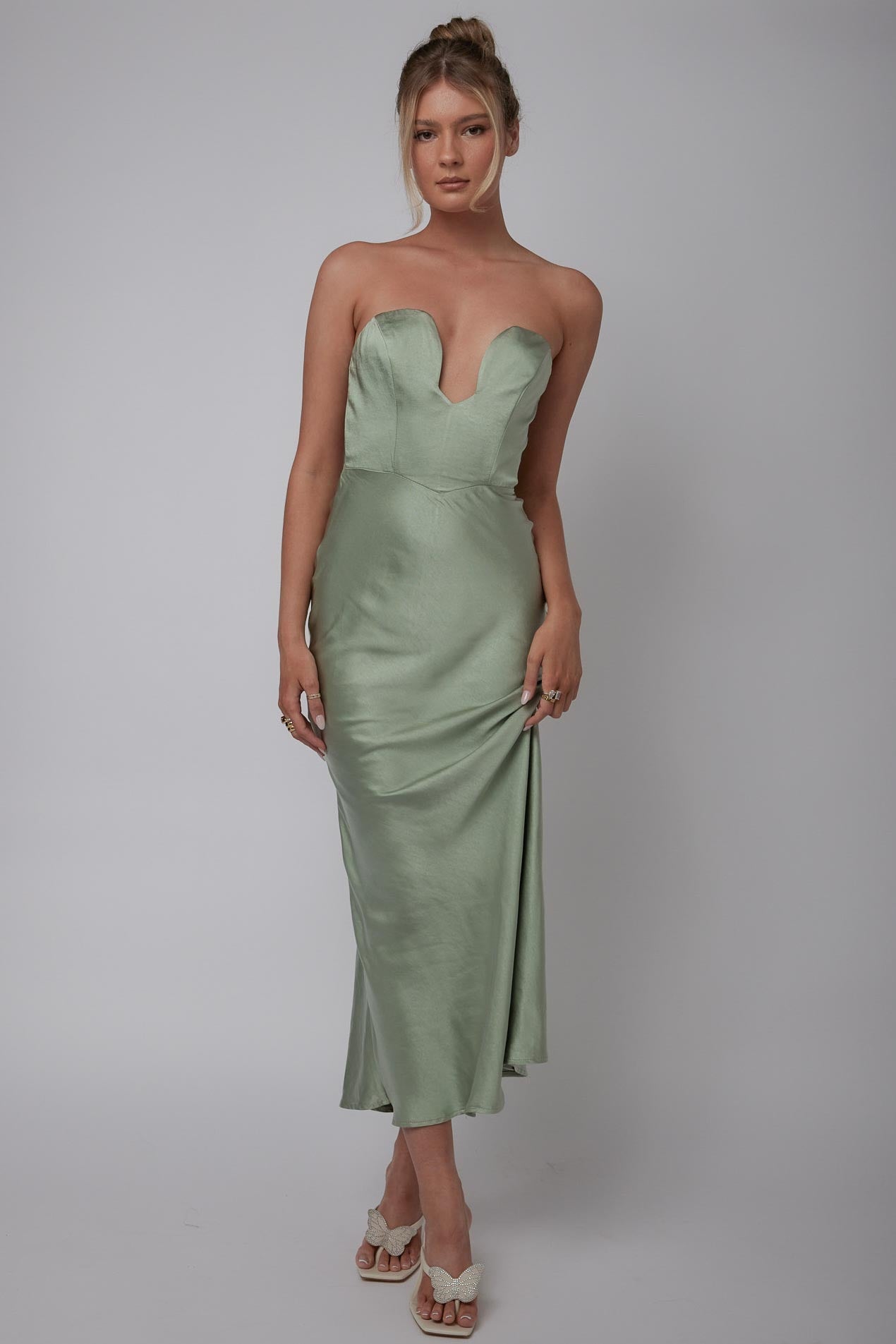 Encore Strapless Satin Maxi Dress Olive-Maymioy