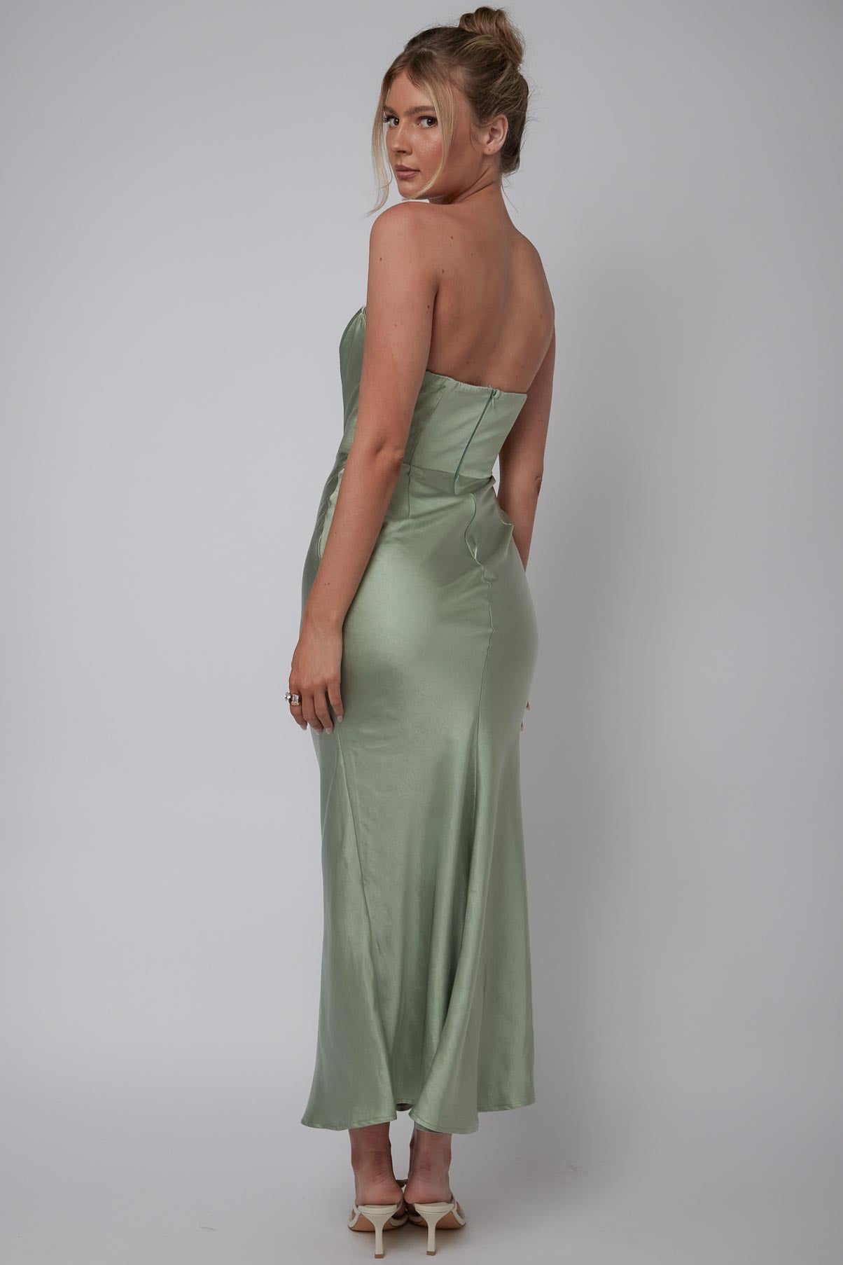 Encore Strapless Satin Maxi Dress Olive-Maymioy