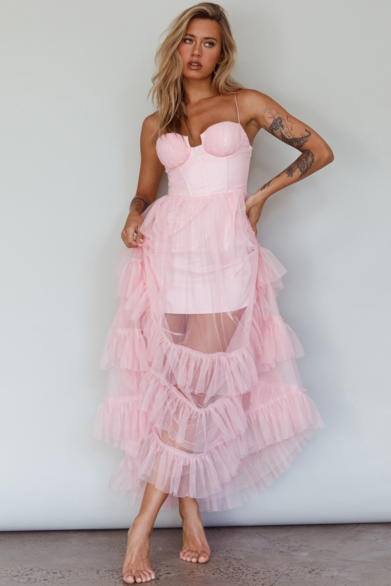 Moonlight Sonata Ruffle Mesh Maxi Dress Cameo Pink-Maymioy