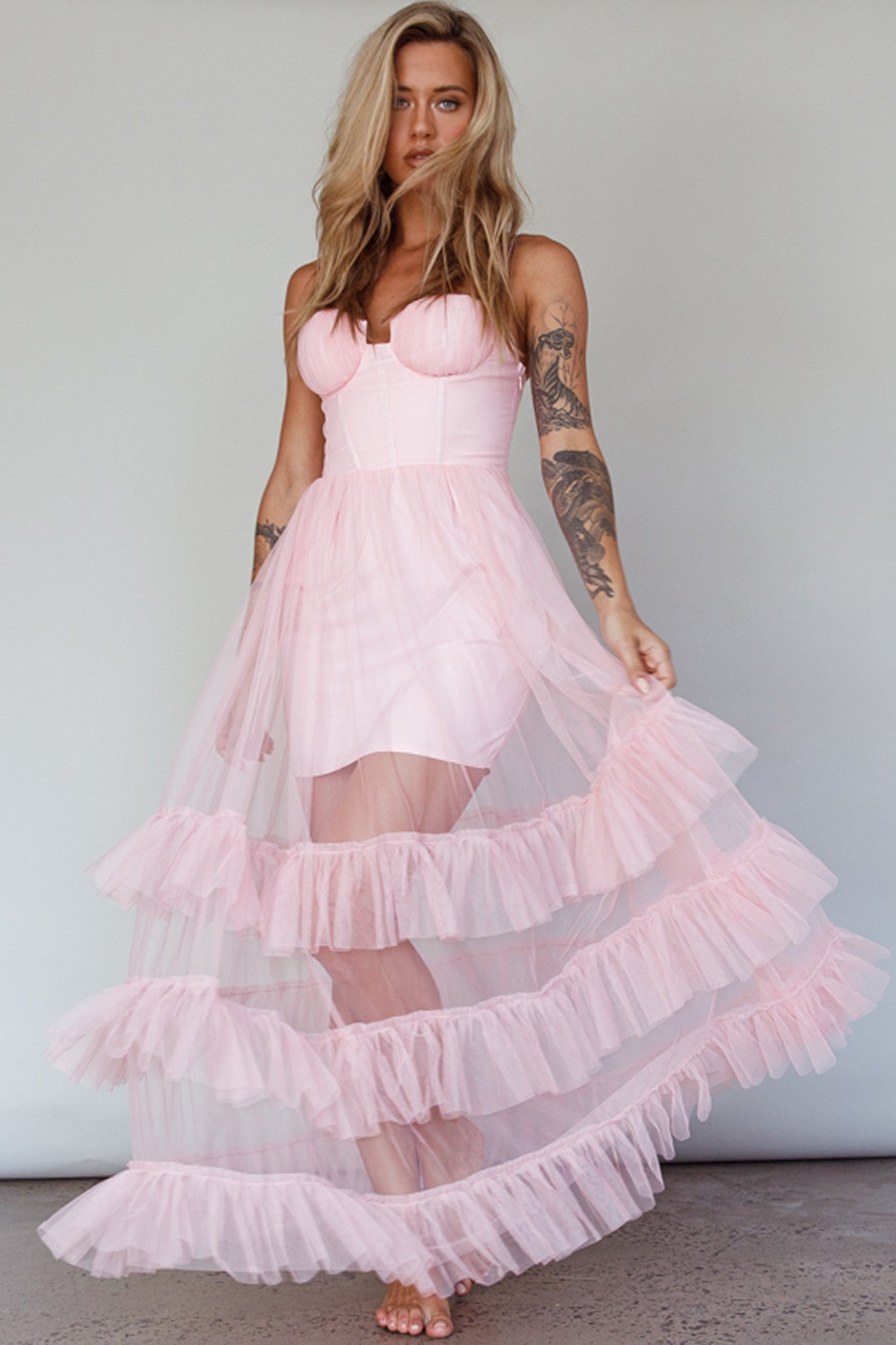 Moonlight Sonata Ruffle Mesh Maxi Dress Cameo Pink-Maymioy