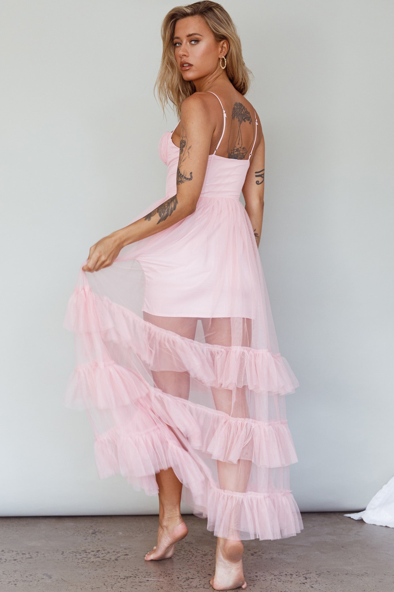 Moonlight Sonata Ruffle Mesh Maxi Dress Cameo Pink-Maymioy