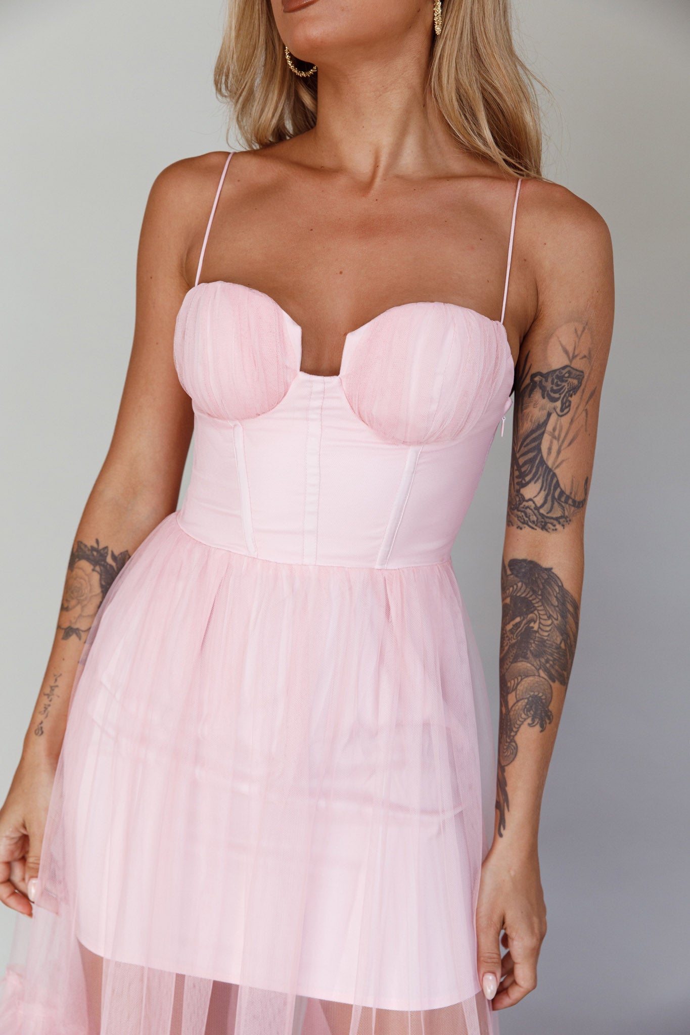 Moonlight Sonata Ruffle Mesh Maxi Dress Cameo Pink-Maymioy