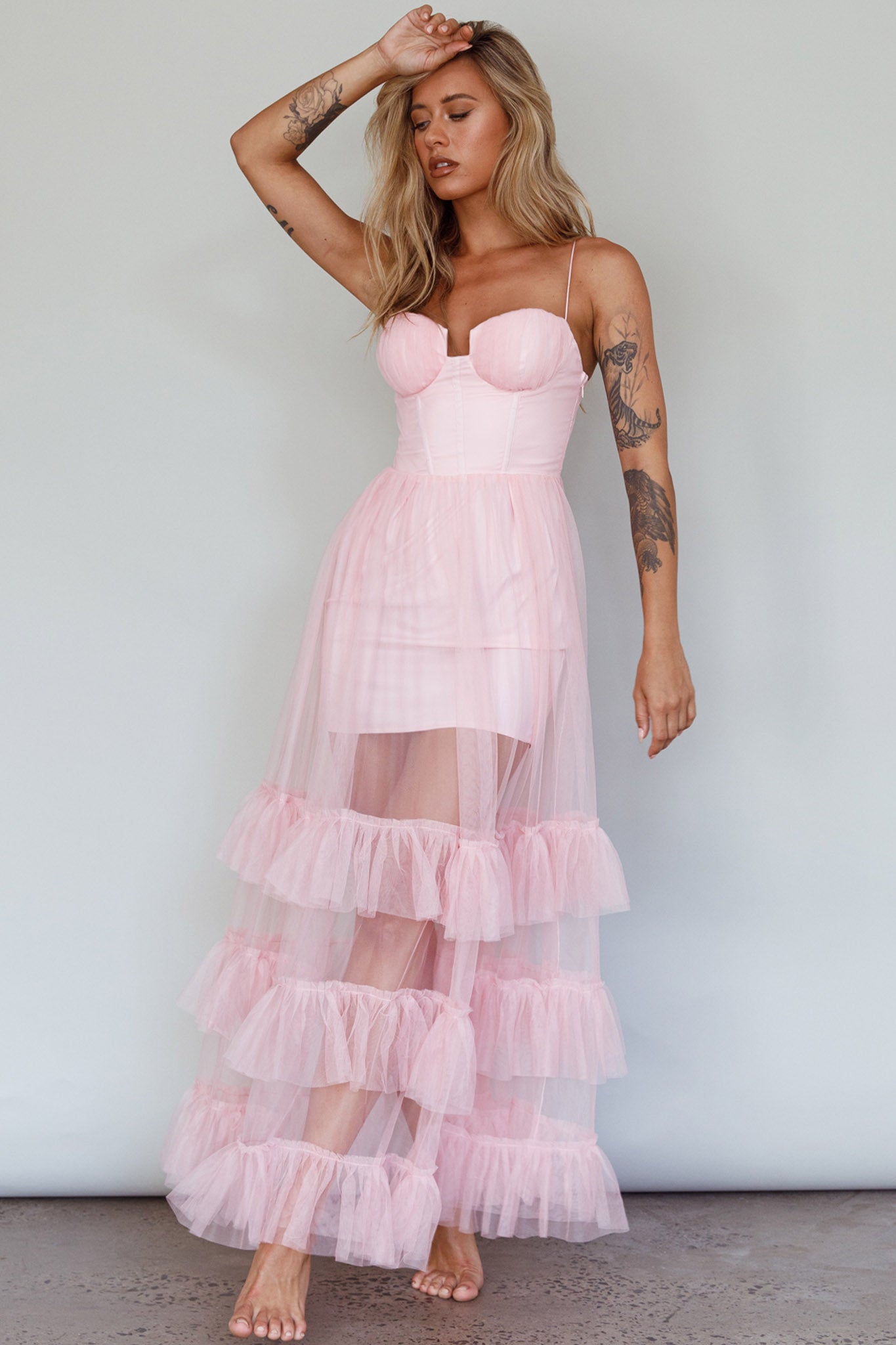 Moonlight Sonata Ruffle Mesh Maxi Dress Cameo Pink-Maymioy