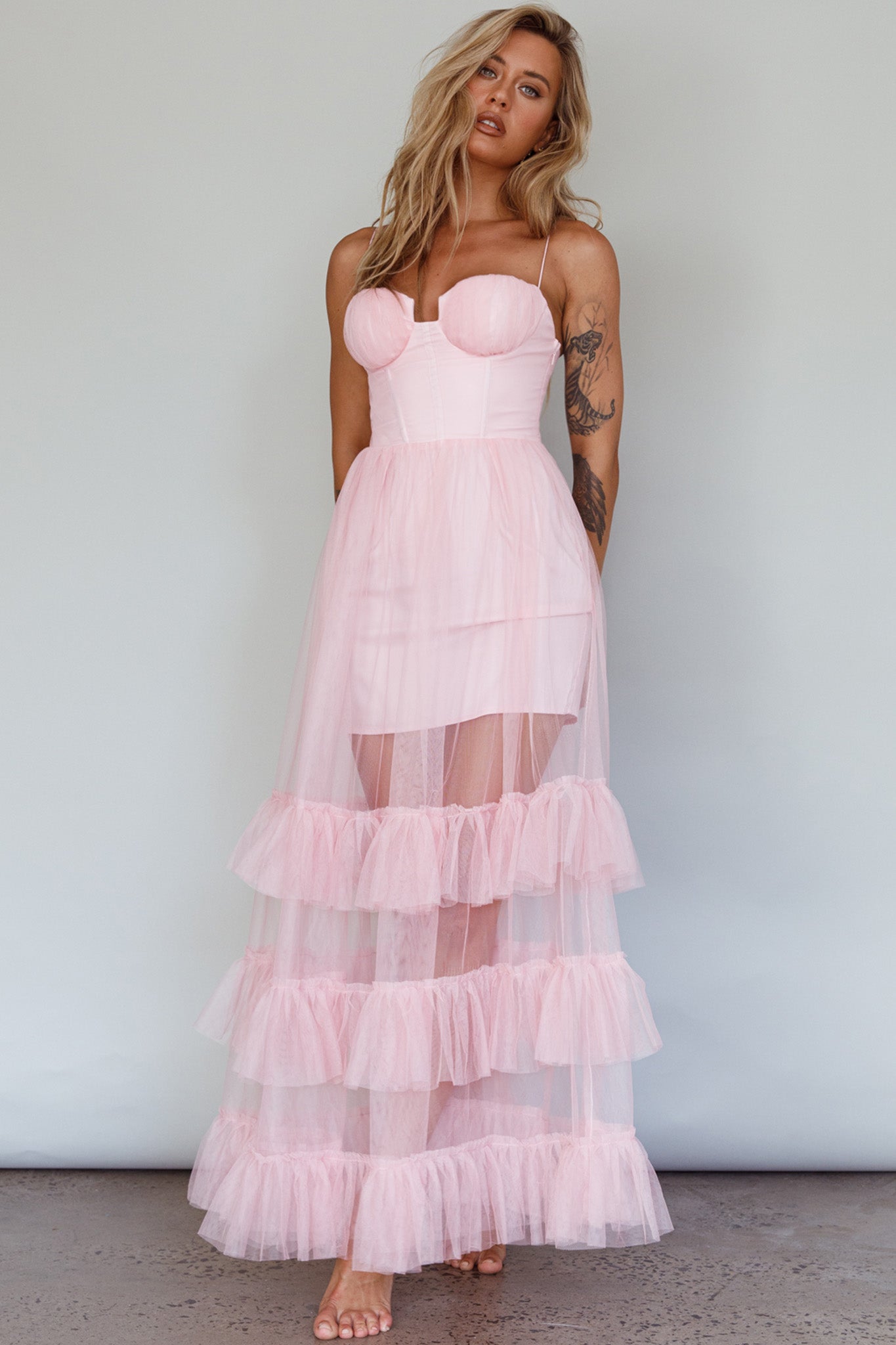 Moonlight Sonata Ruffle Mesh Maxi Dress Cameo Pink-Maymioy