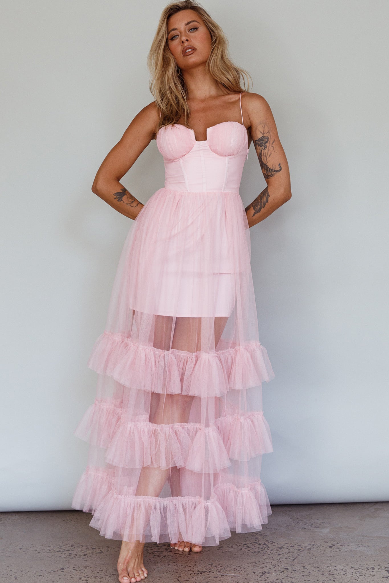 Moonlight Sonata Ruffle Mesh Maxi Dress Cameo Pink-Maymioy