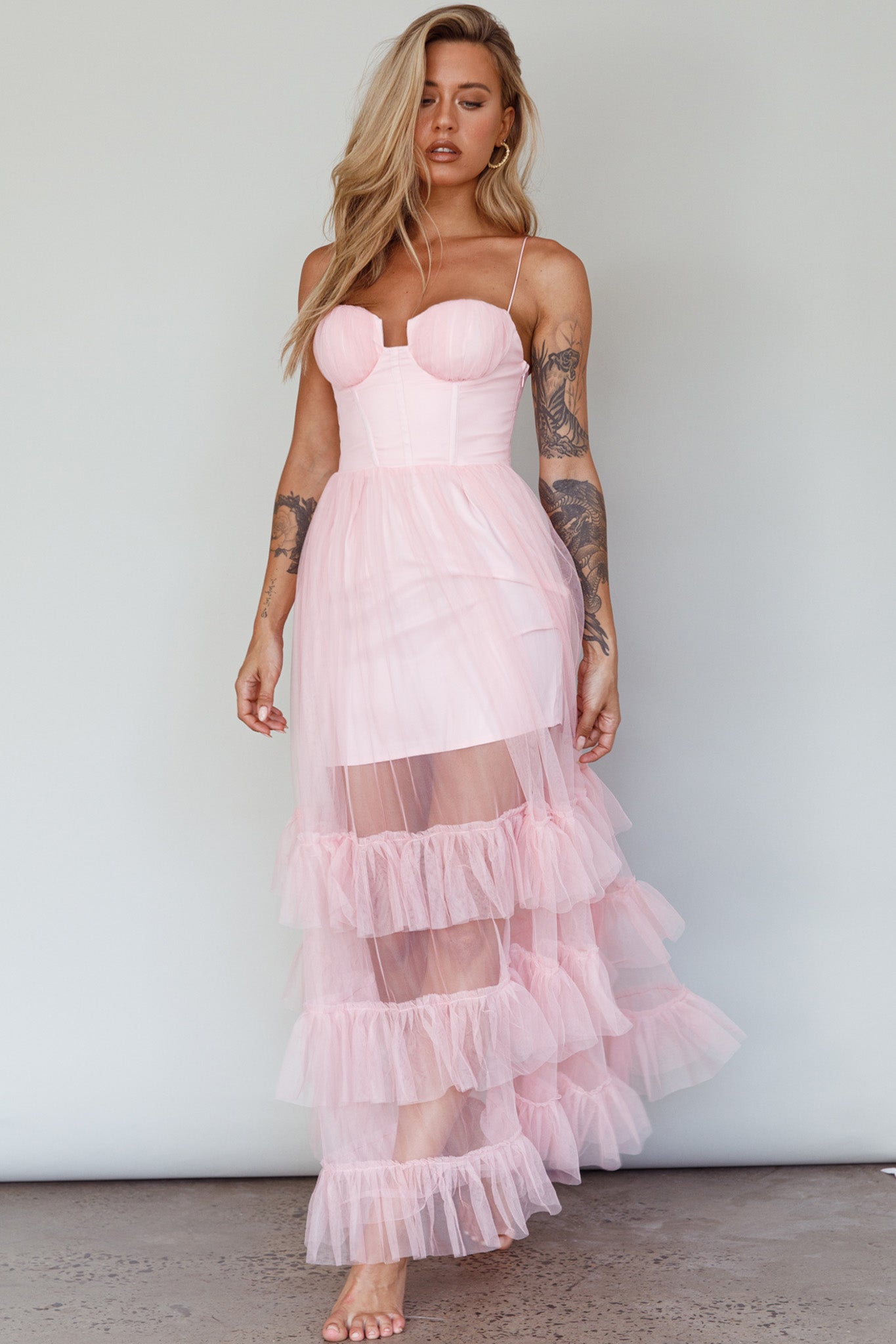 Moonlight Sonata Ruffle Mesh Maxi Dress Cameo Pink-Maymioy