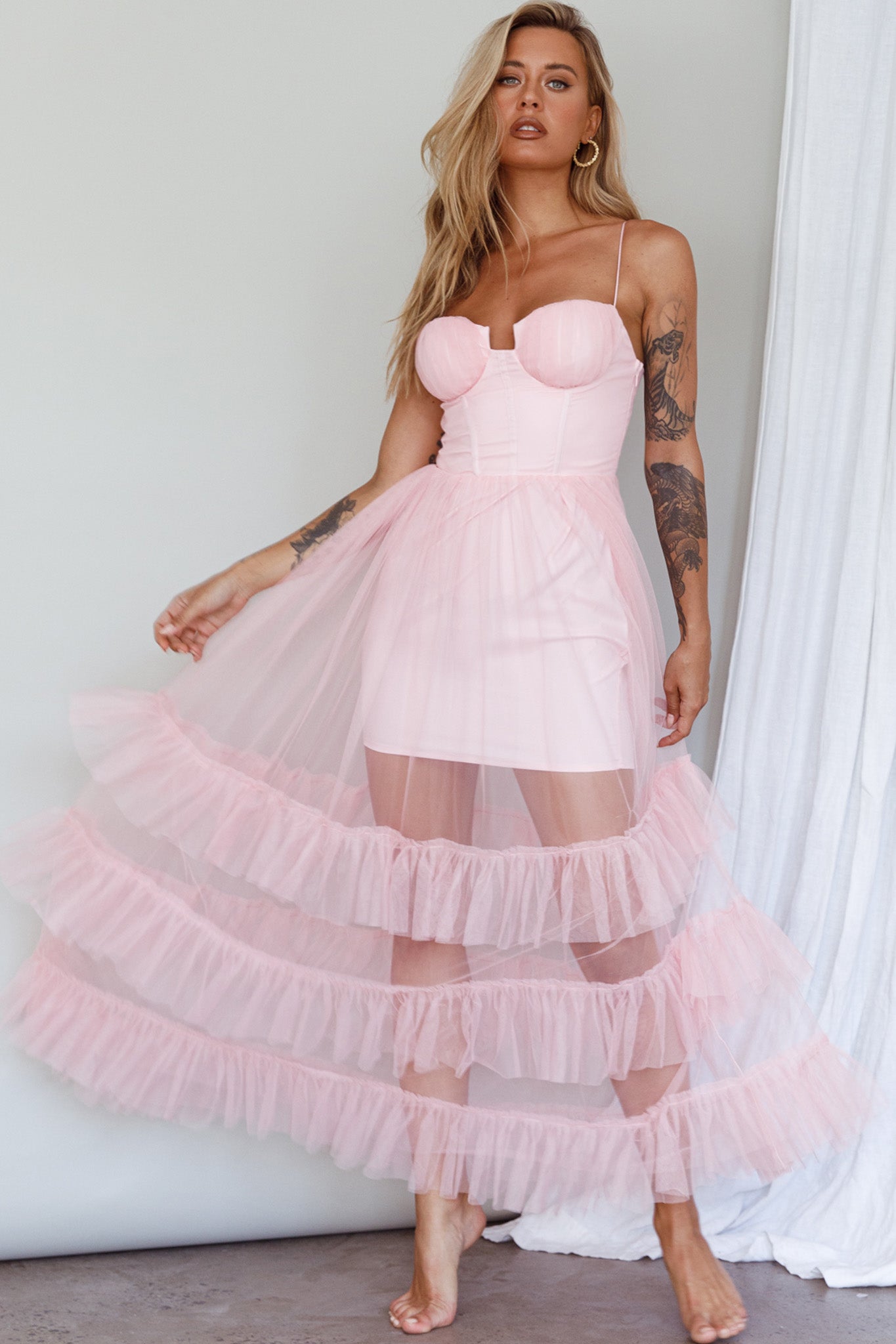 Moonlight Sonata Ruffle Mesh Maxi Dress Cameo Pink-Maymioy