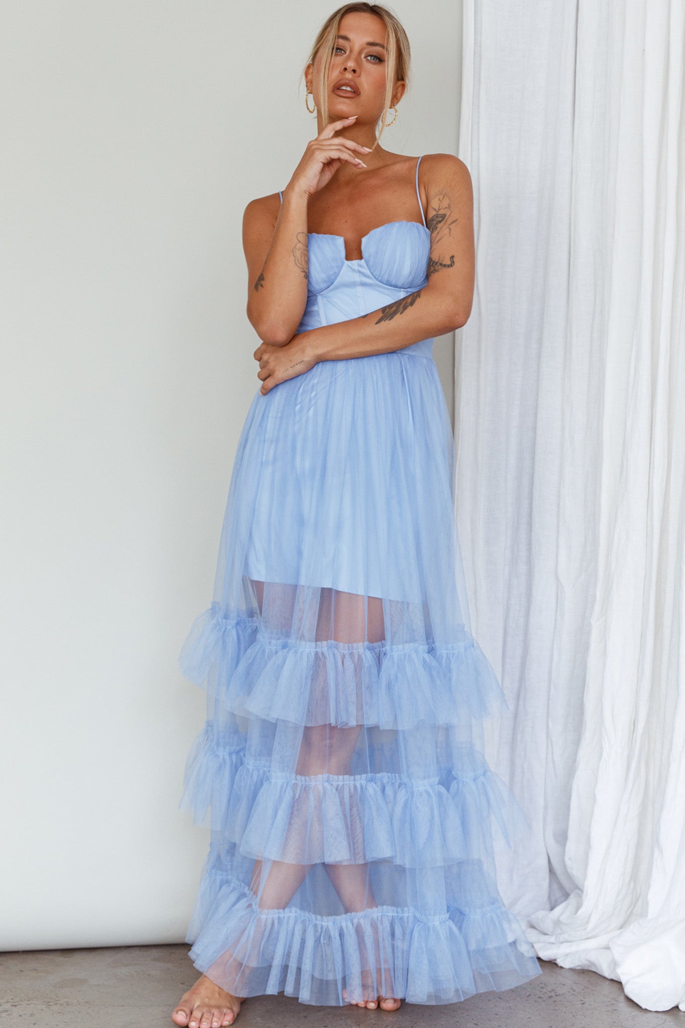 Moonlight Sonata Ruffle Mesh Maxi Dress Sky Blue-Maymioy