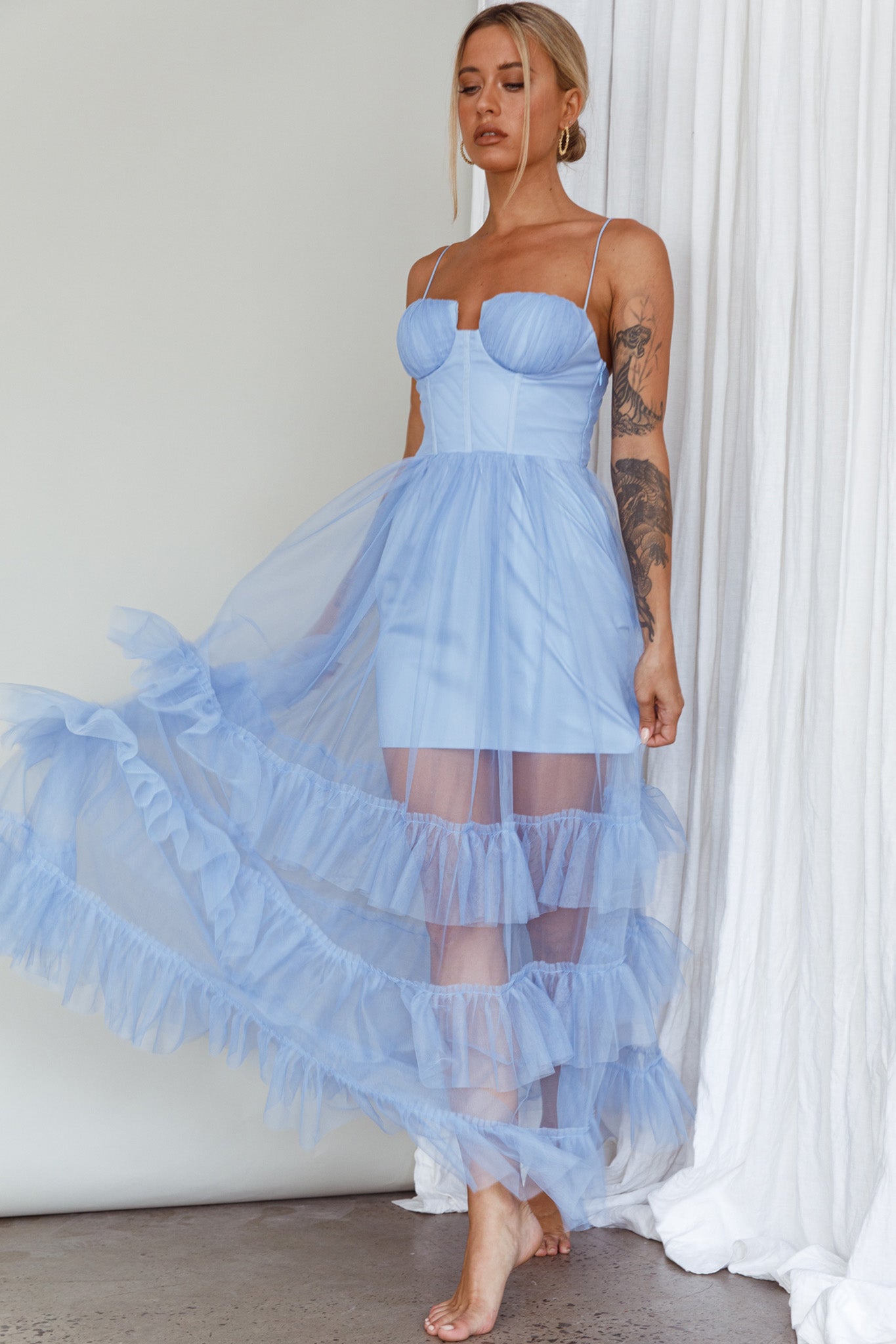 Moonlight Sonata Ruffle Mesh Maxi Dress Sky Blue-Maymioy