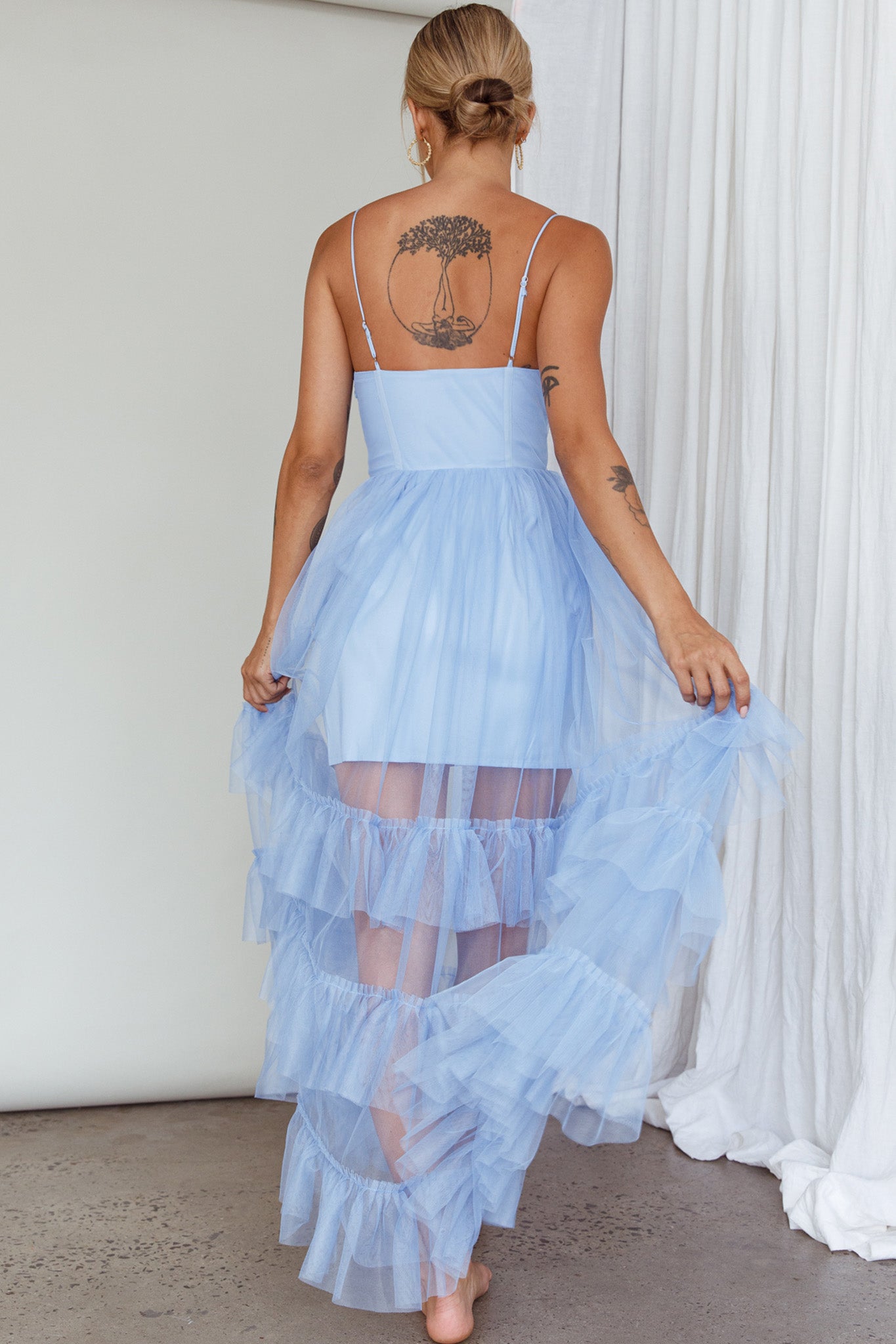 Moonlight Sonata Ruffle Mesh Maxi Dress Sky Blue-Maymioy