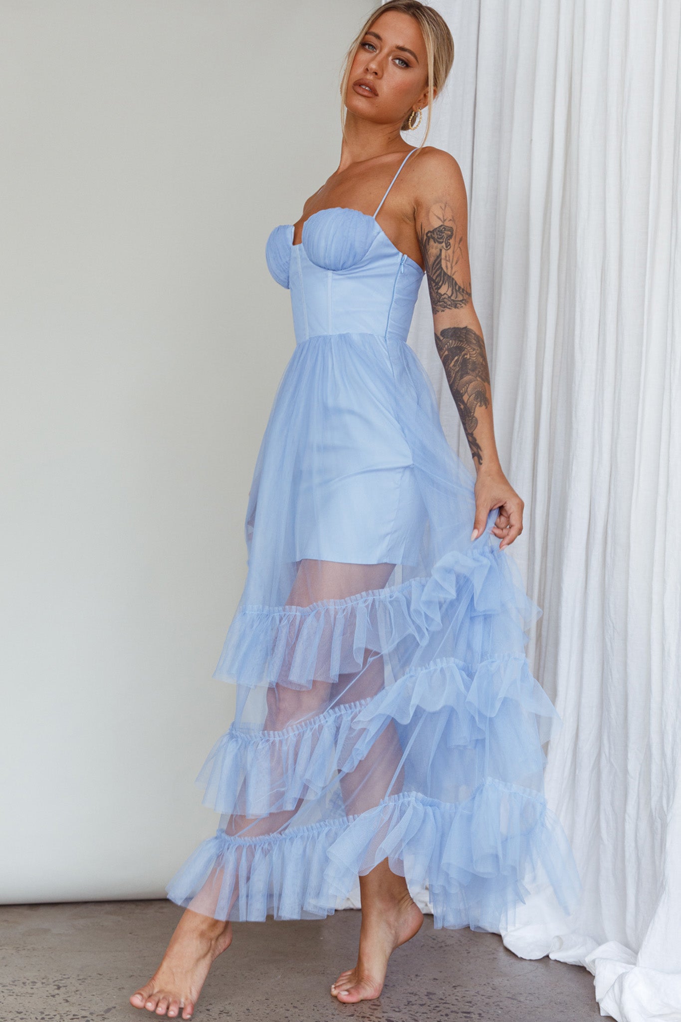 Moonlight Sonata Ruffle Mesh Maxi Dress Sky Blue-Maymioy