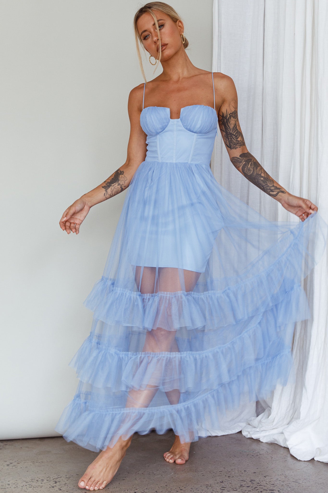 Moonlight Sonata Ruffle Mesh Maxi Dress Sky Blue-Maymioy