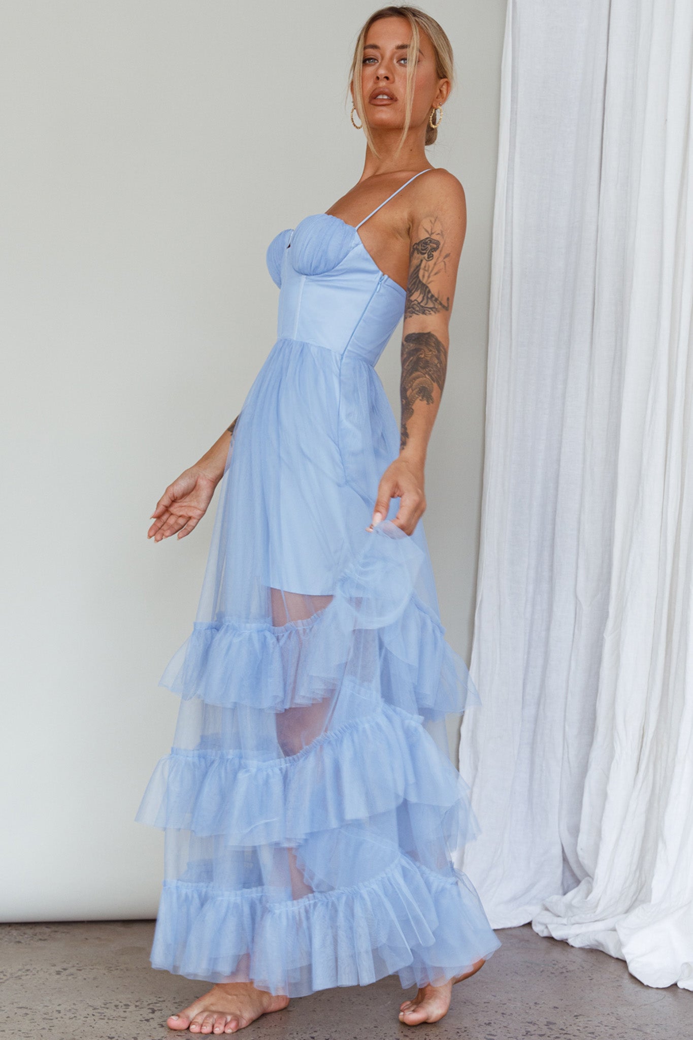 Moonlight Sonata Ruffle Mesh Maxi Dress Sky Blue-Maymioy