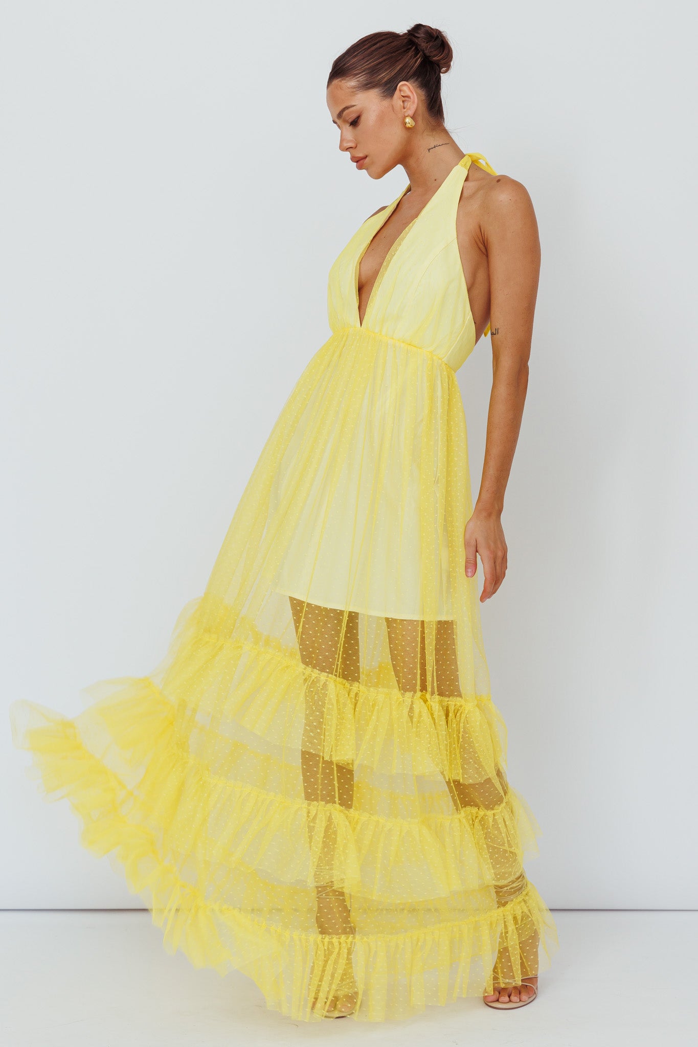 Moonlight Sonata Ruffle Mesh Maxi Dress Hail Spot Lemon-Maymioy