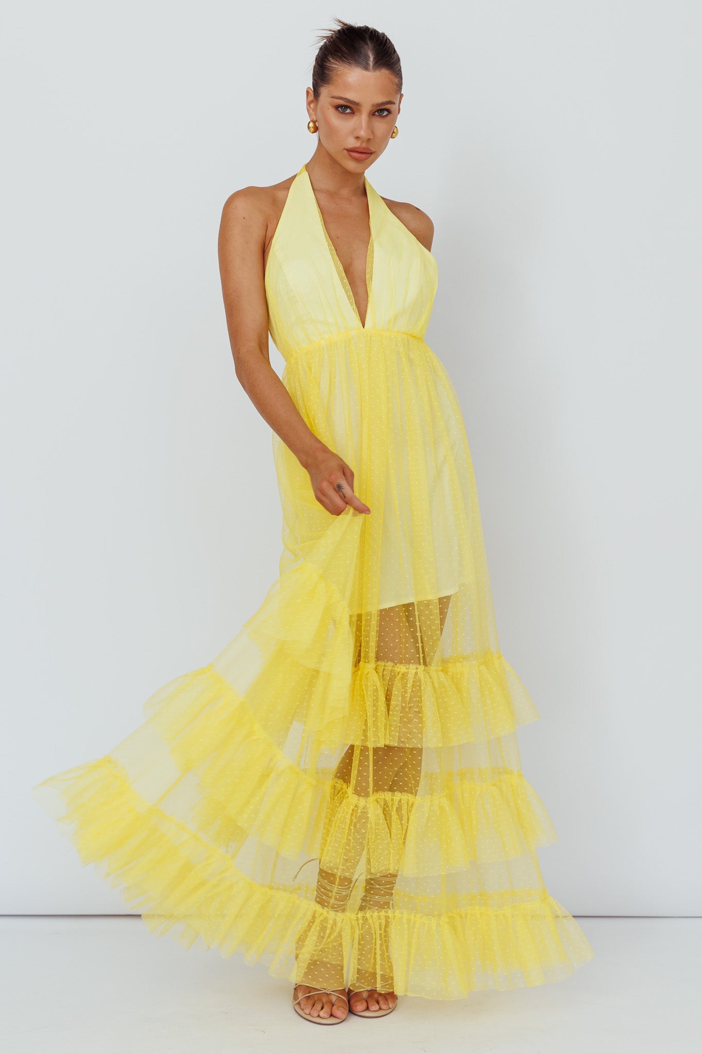 Moonlight Sonata Ruffle Mesh Maxi Dress Hail Spot Lemon-Maymioy