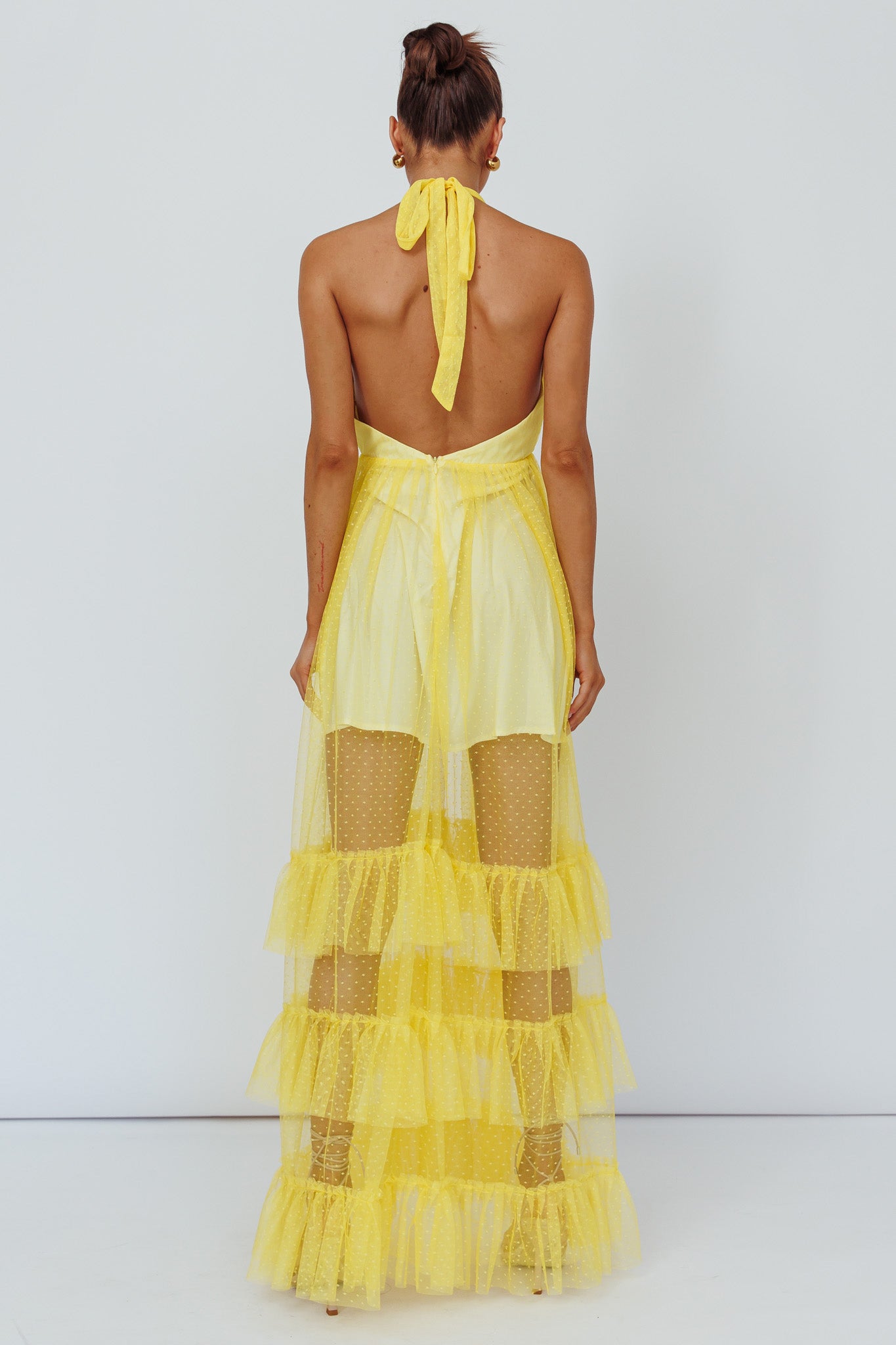 Moonlight Sonata Ruffle Mesh Maxi Dress Hail Spot Lemon-Maymioy