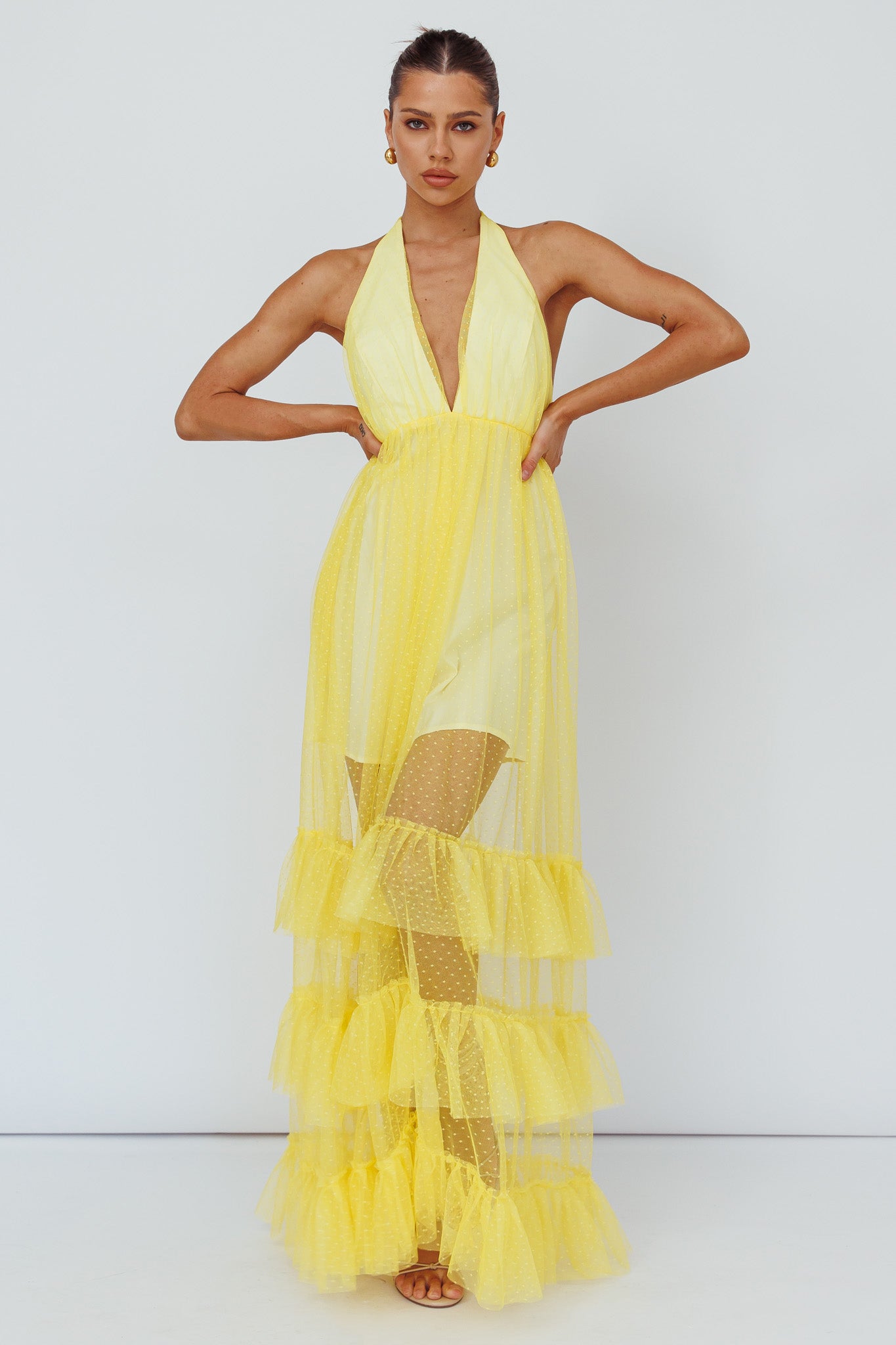 Moonlight Sonata Ruffle Mesh Maxi Dress Hail Spot Lemon-Maymioy