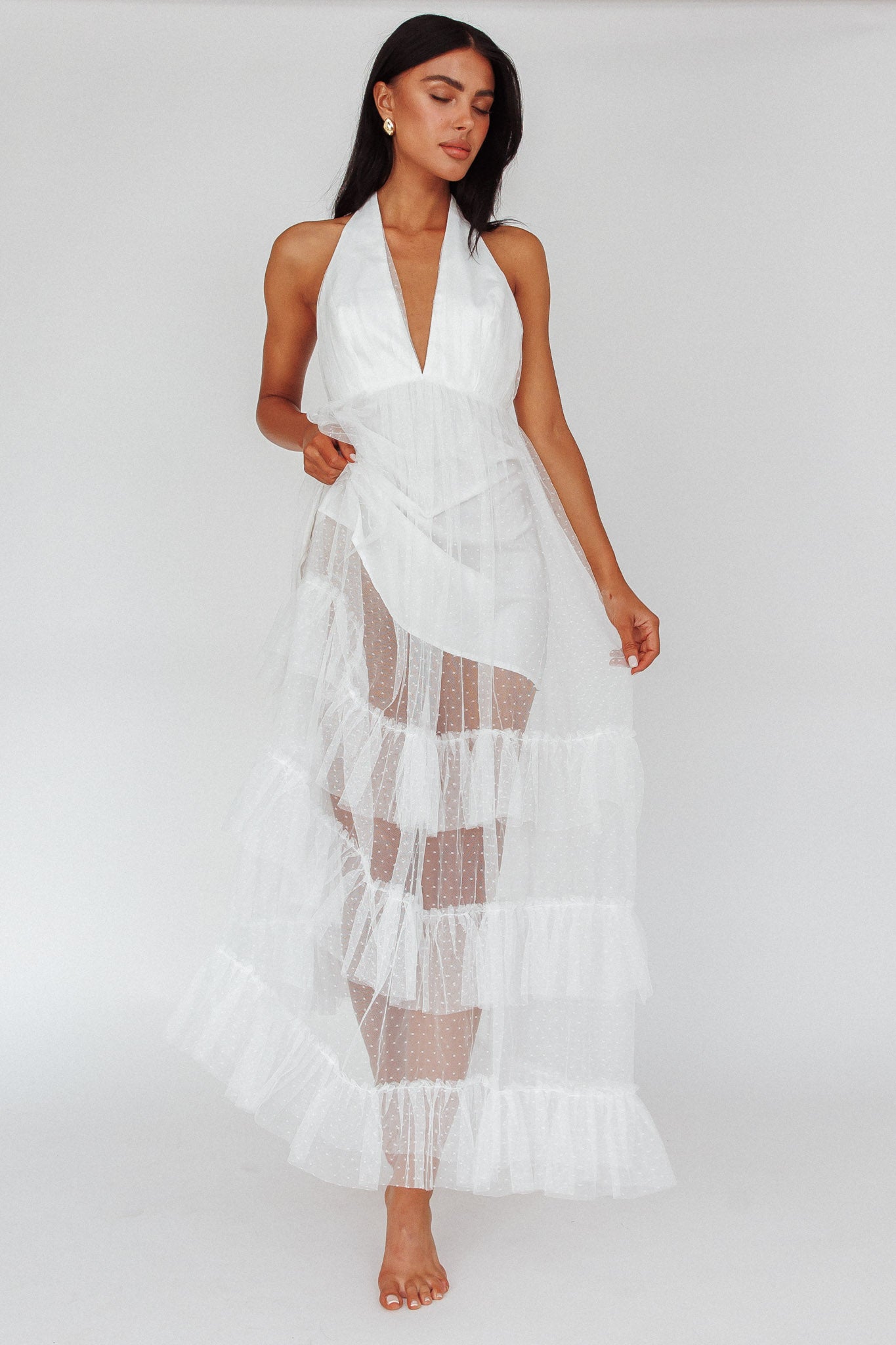 Moonlight Sonata Ruffle Mesh Maxi Dress Hail Spot White-Maymioy