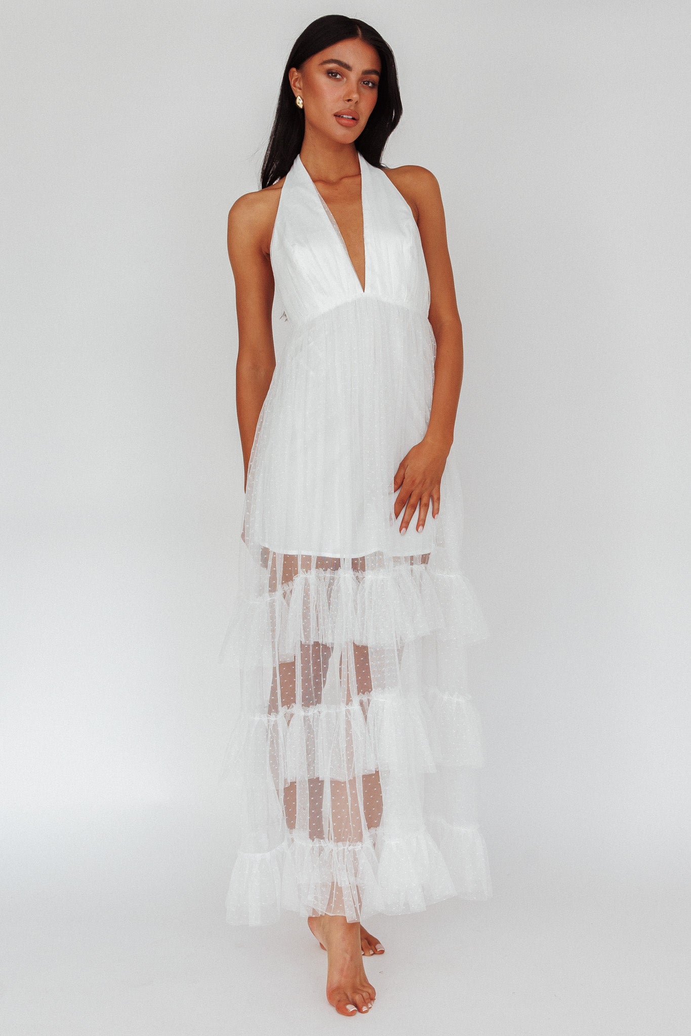 Moonlight Sonata Ruffle Mesh Maxi Dress Hail Spot White-Maymioy