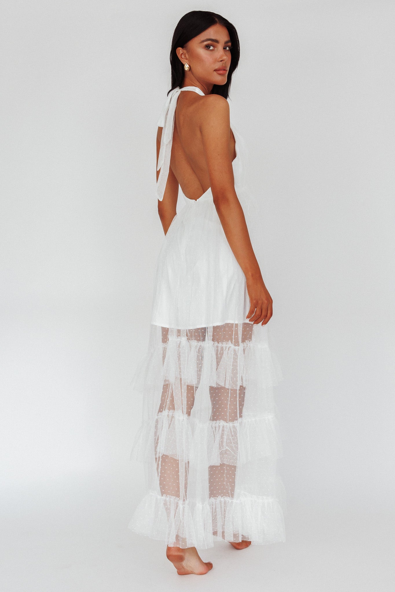 Moonlight Sonata Ruffle Mesh Maxi Dress Hail Spot White-Maymioy