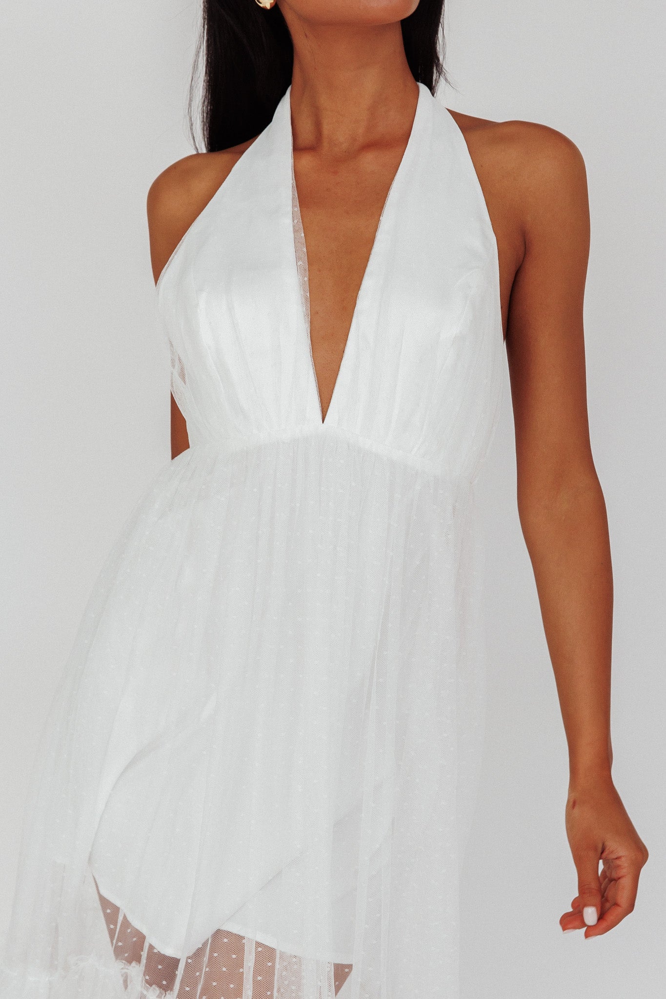 Moonlight Sonata Ruffle Mesh Maxi Dress Hail Spot White-Maymioy