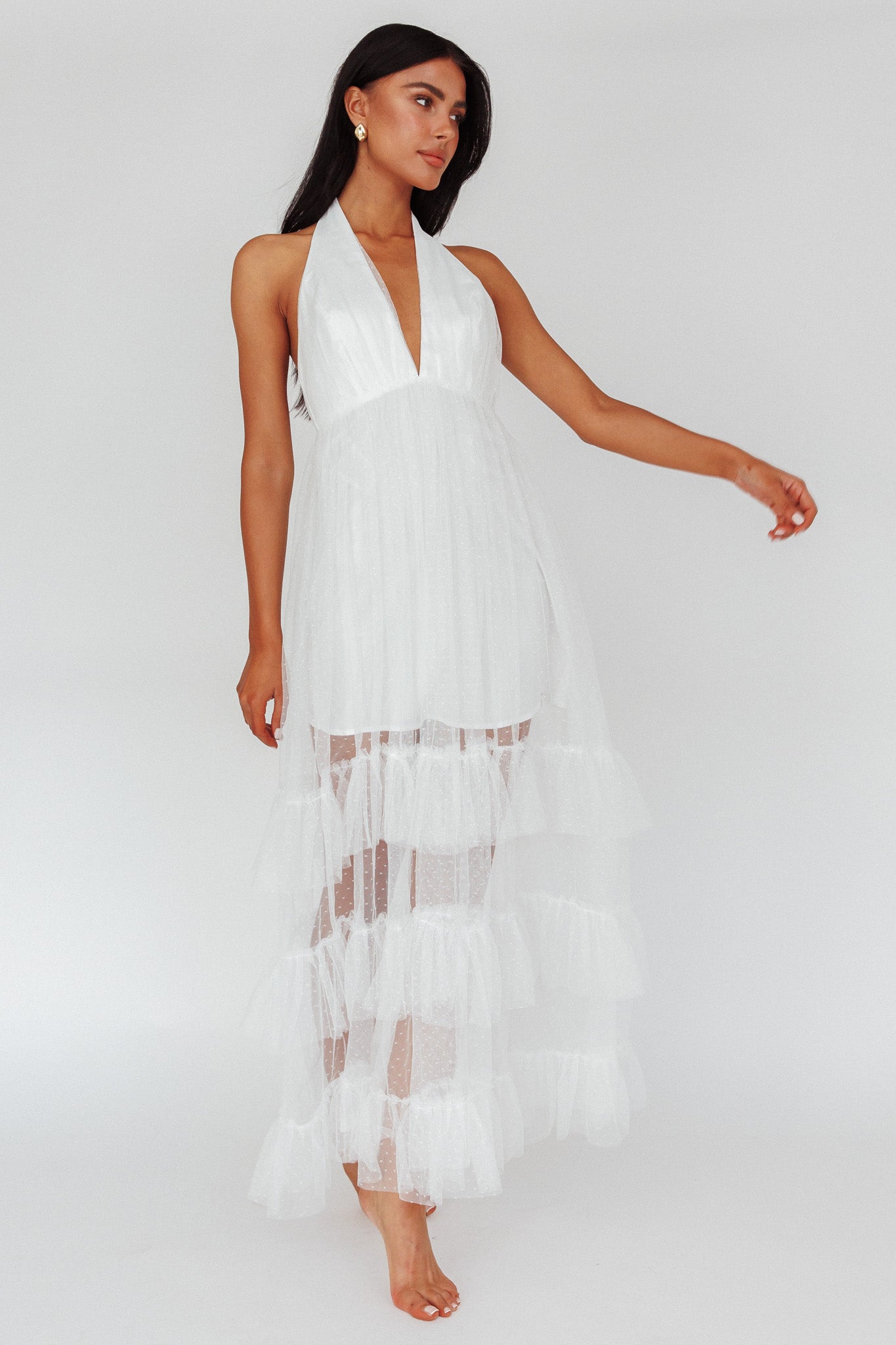 Moonlight Sonata Ruffle Mesh Maxi Dress Hail Spot White-Maymioy