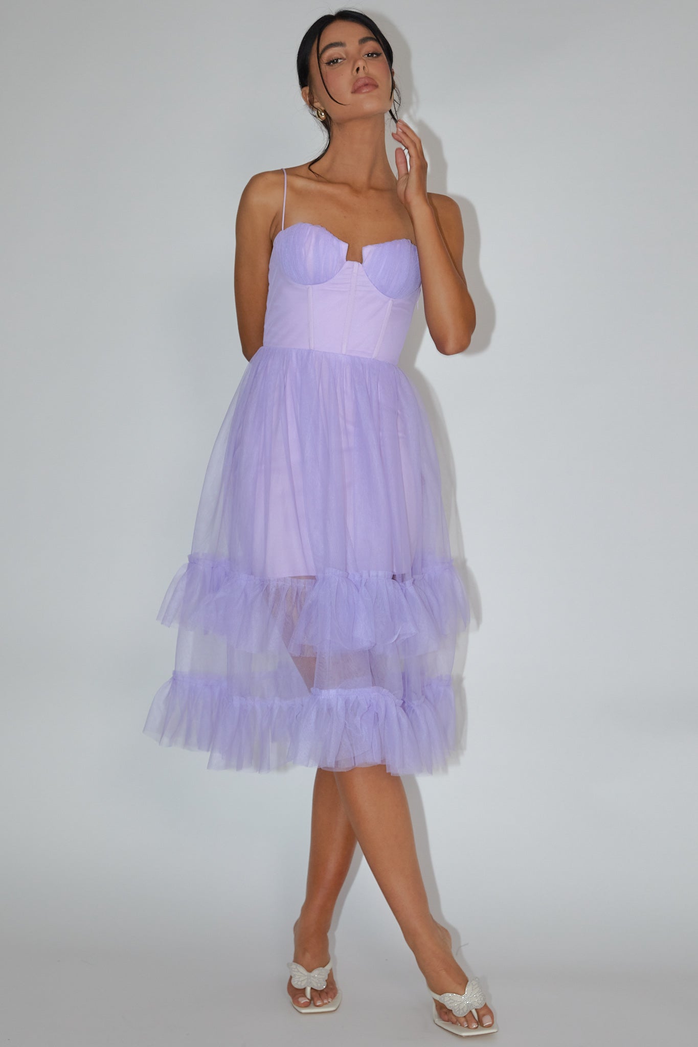 Moonlight Sonata Ruffle Mesh Midi Dress Lilac-Maymioy