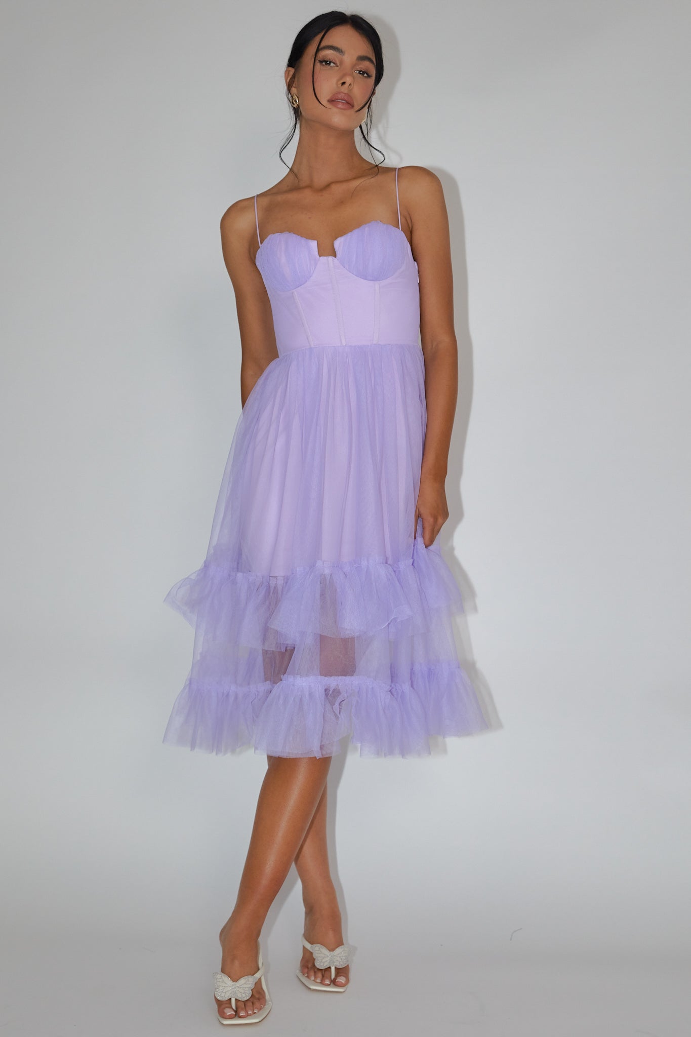 Moonlight Sonata Ruffle Mesh Midi Dress Lilac-Maymioy
