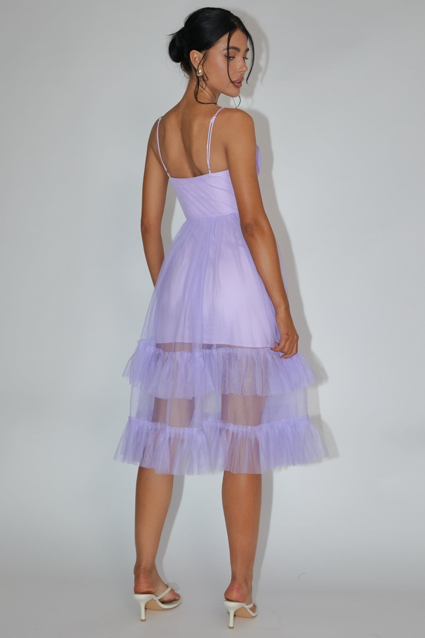 Moonlight Sonata Ruffle Mesh Midi Dress Lilac-Maymioy