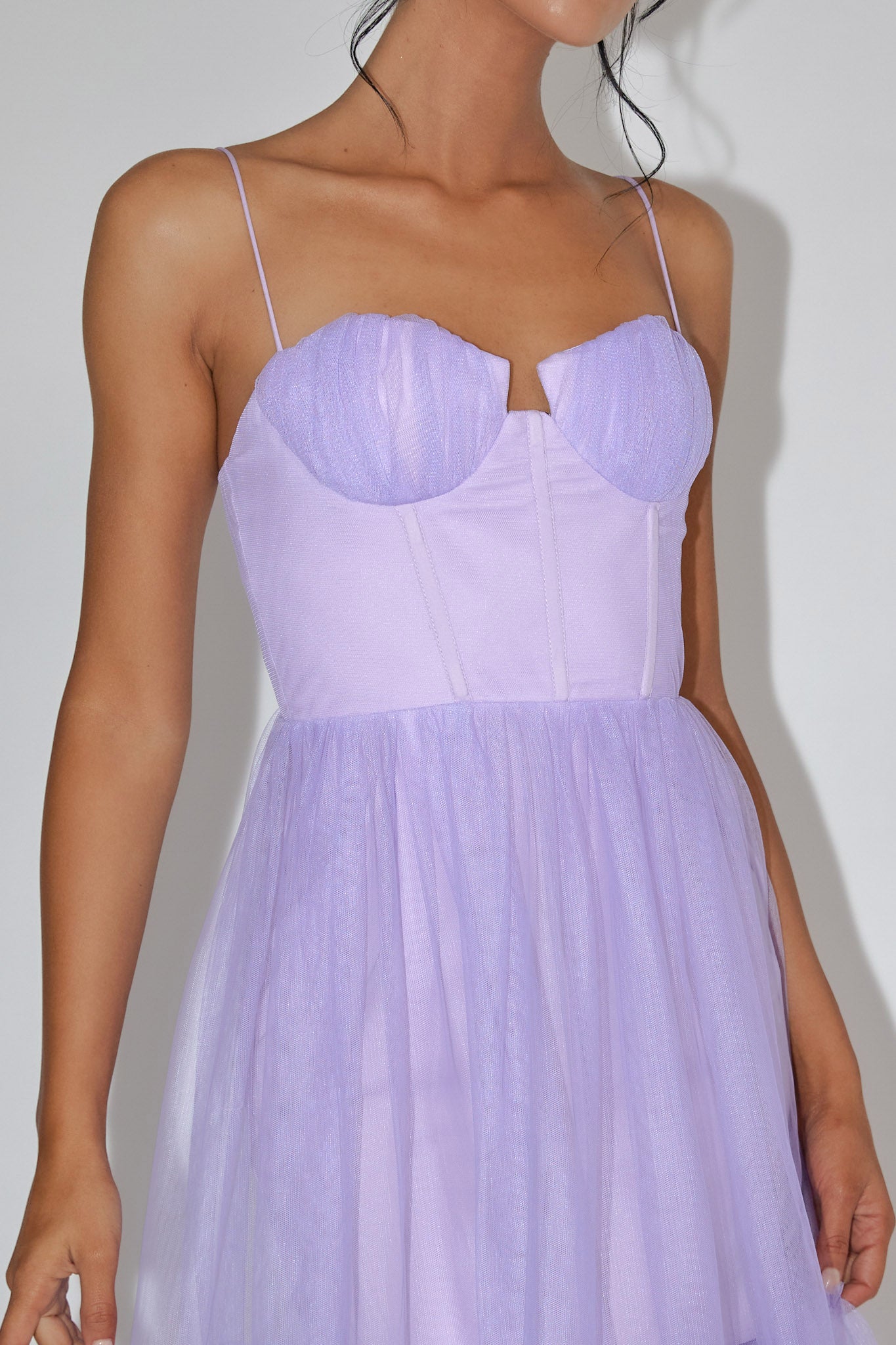 Moonlight Sonata Ruffle Mesh Midi Dress Lilac-Maymioy