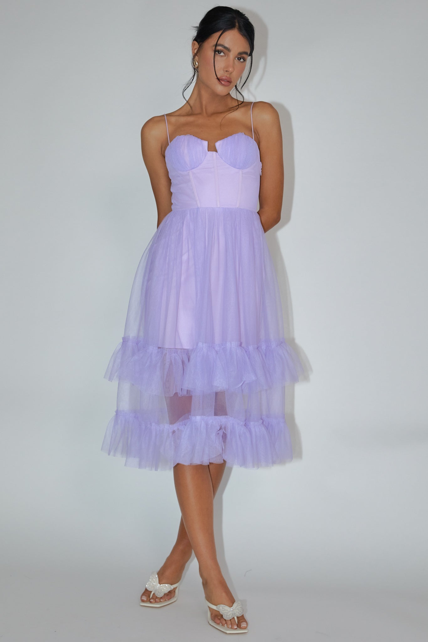 Moonlight Sonata Ruffle Mesh Midi Dress Lilac-Maymioy