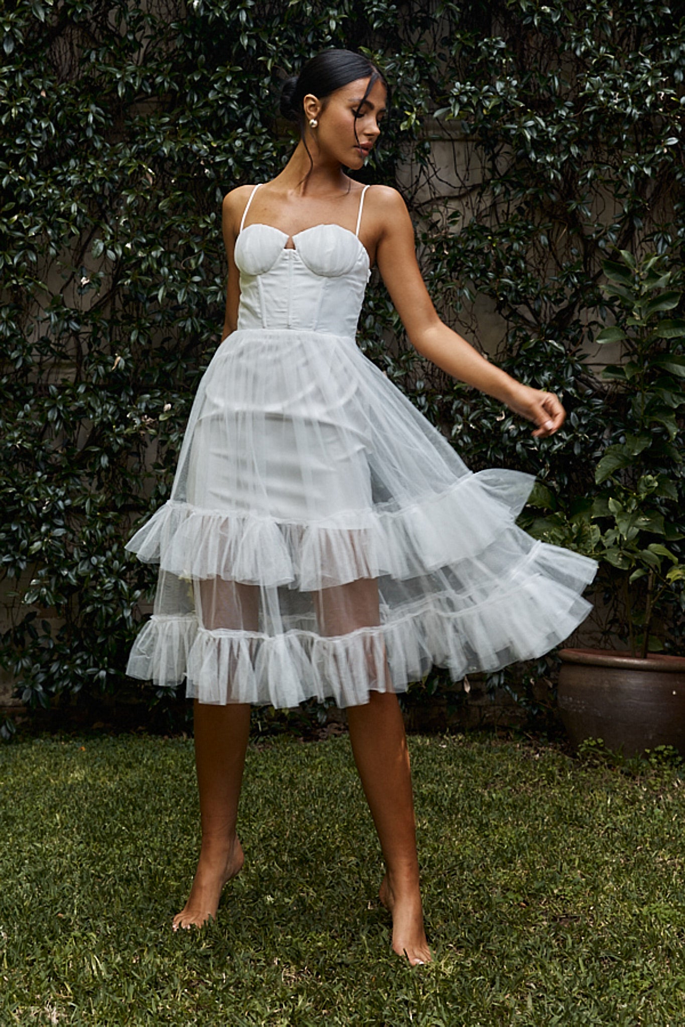 Moonlight Sonata Ruffle Mesh Midi Dress White-Maymioy