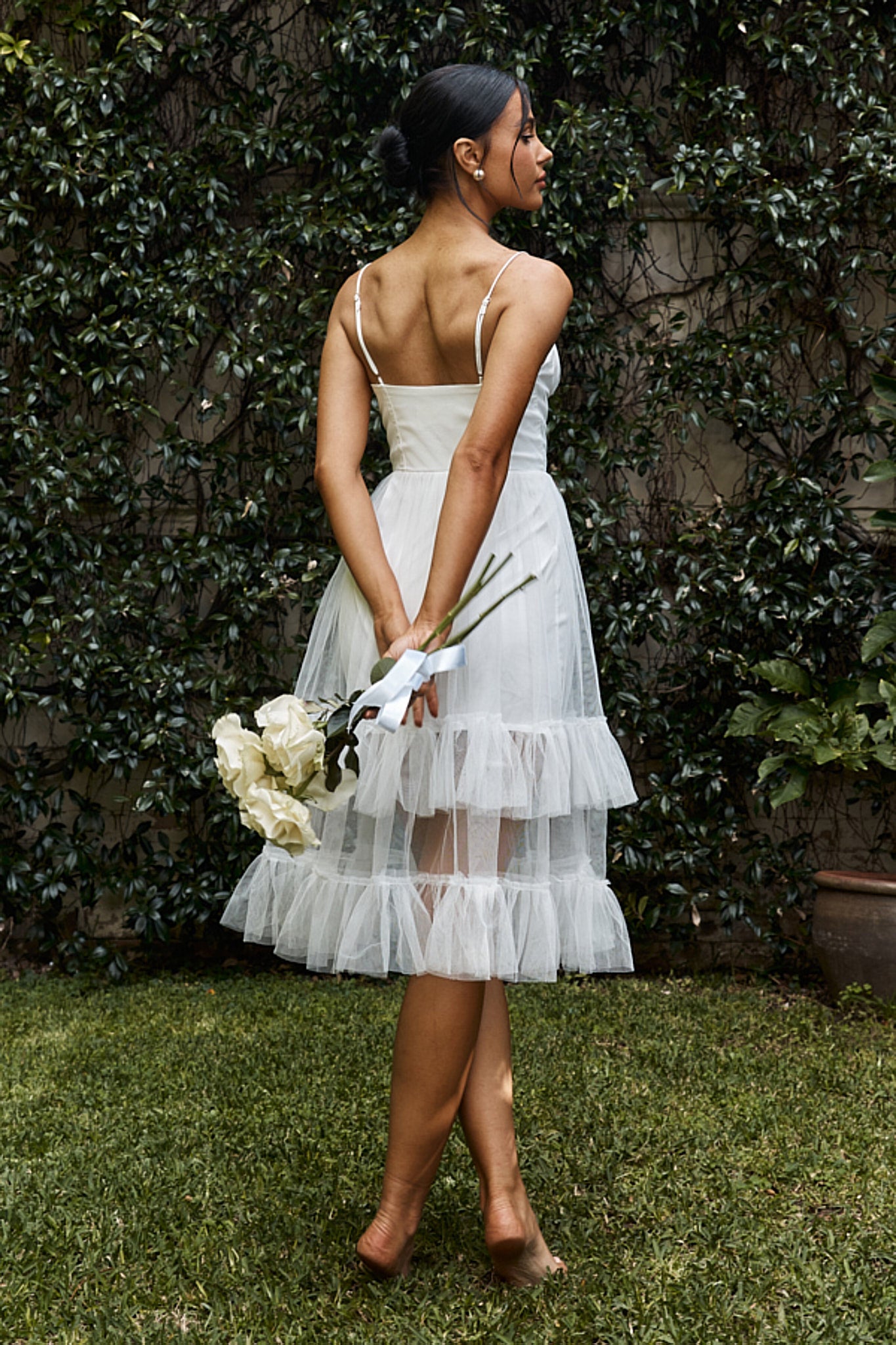 Moonlight Sonata Ruffle Mesh Midi Dress White-Maymioy