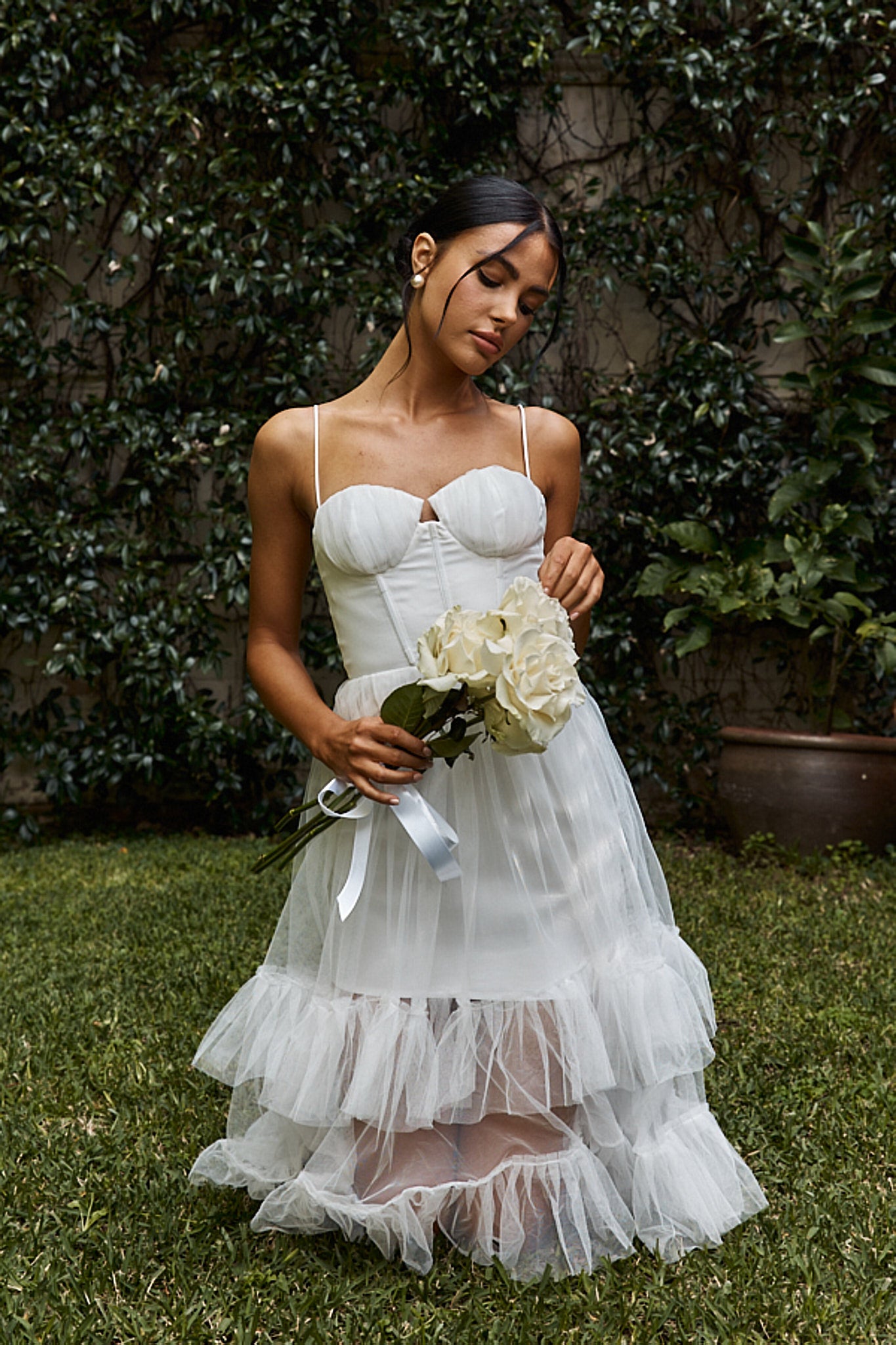 Moonlight Sonata Ruffle Mesh Midi Dress White-Maymioy