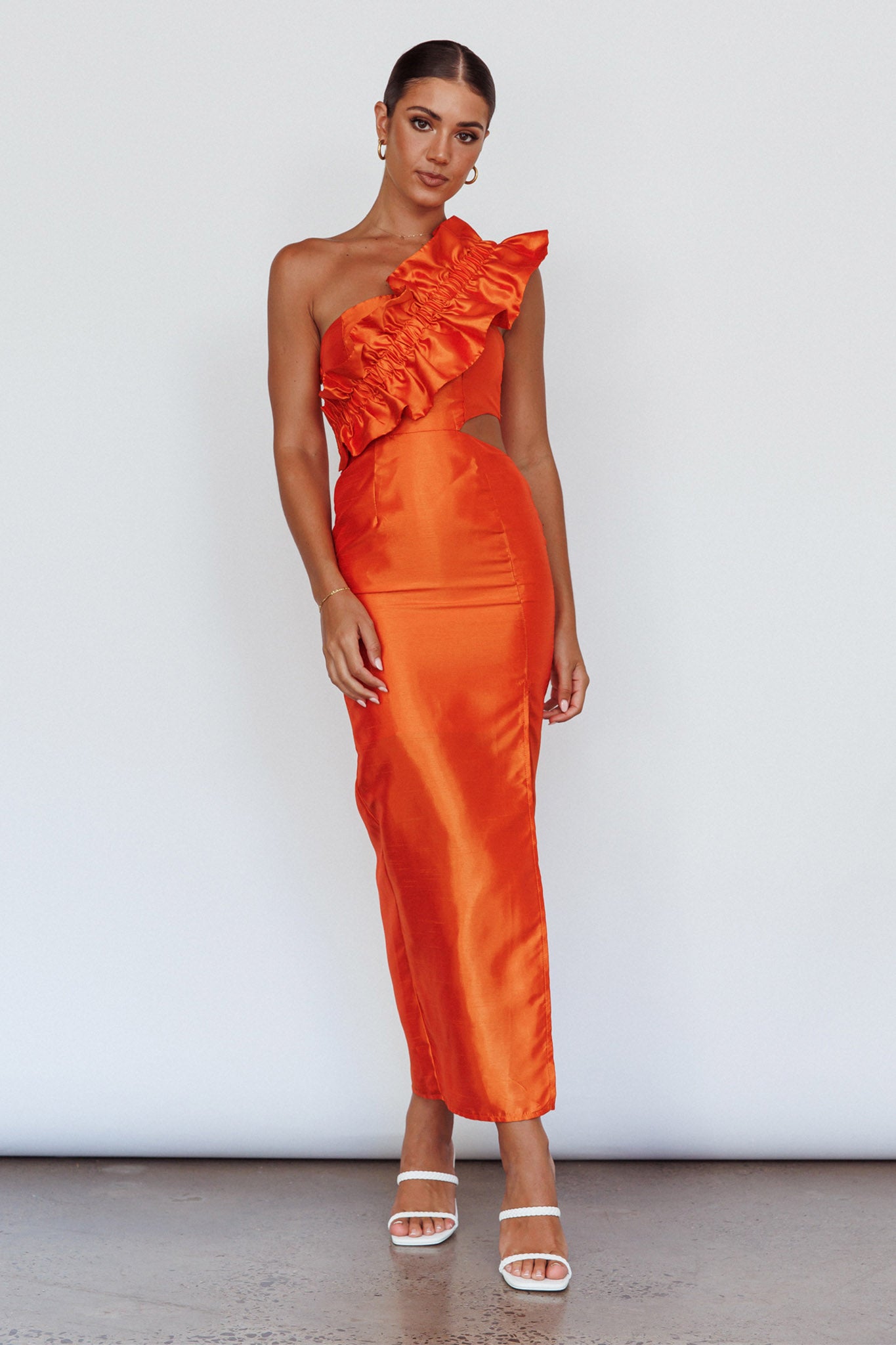 NY Moment Wide Ruffle Shoulder Dress Orange-Maymioy
