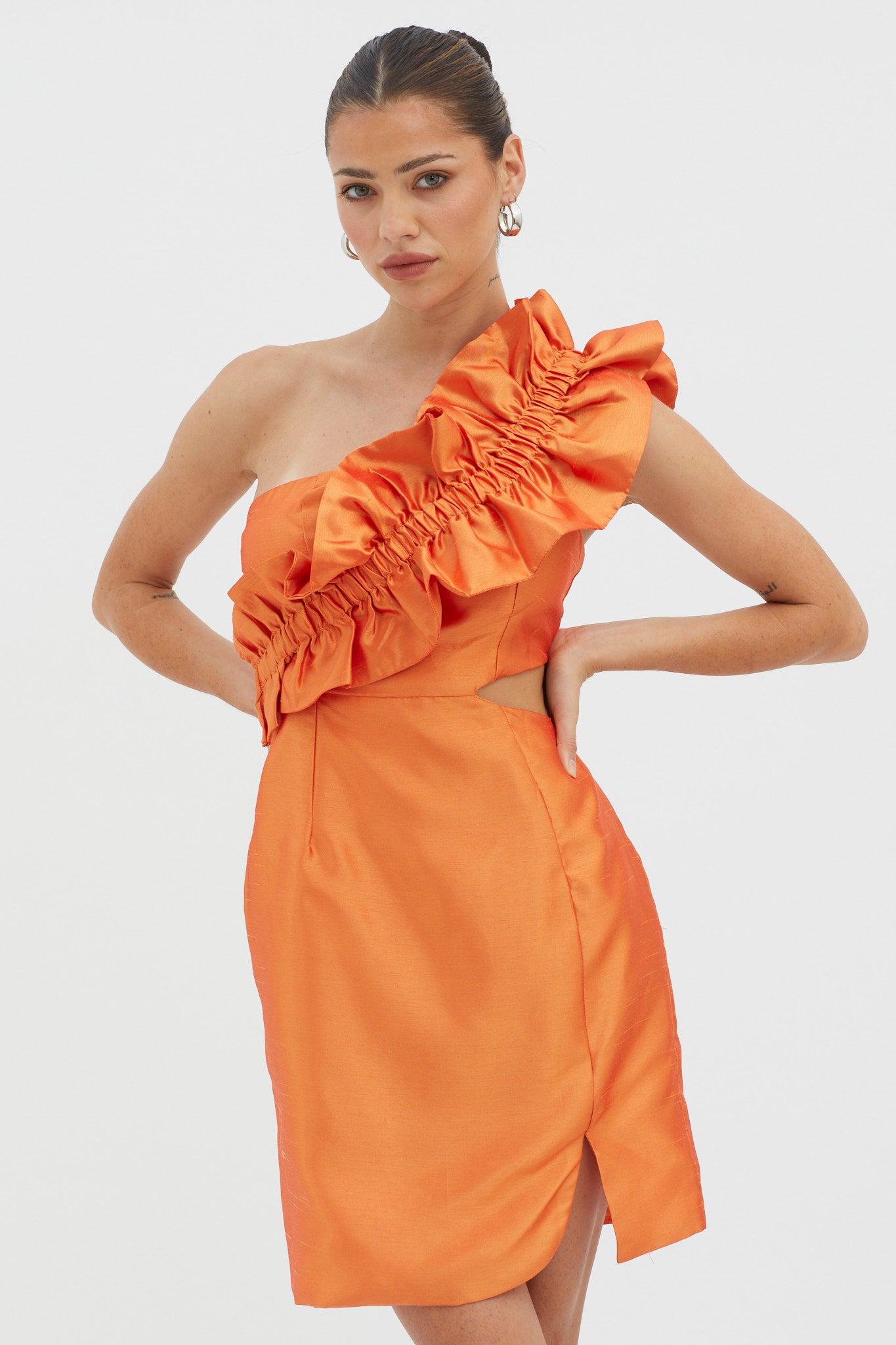 NY Moment Wide Ruffle Shoulder Mini Dress Orange-Maymioy