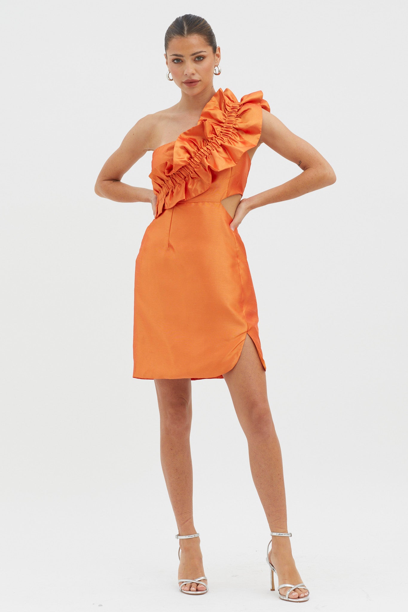 NY Moment Wide Ruffle Shoulder Mini Dress Orange-Maymioy