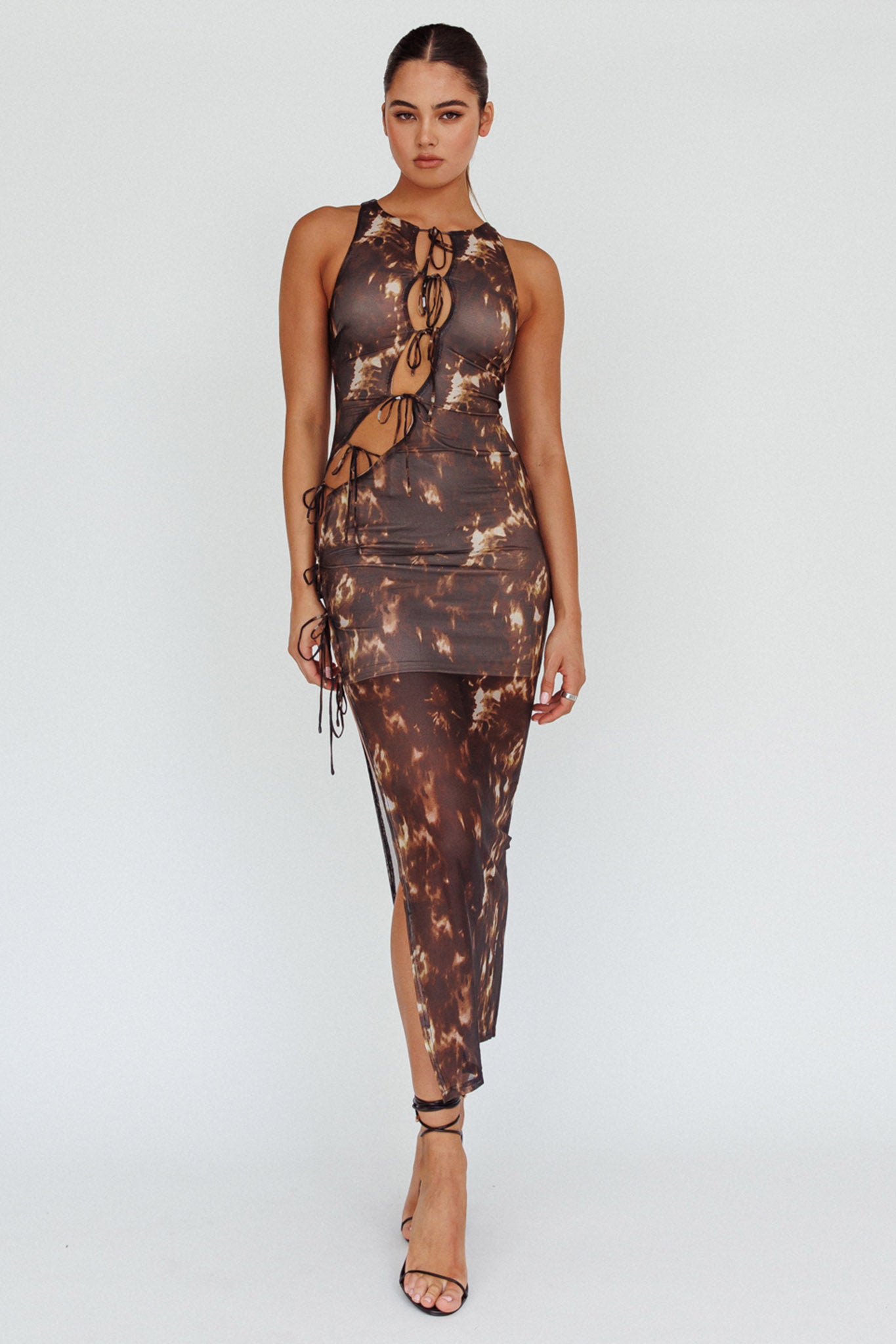 Mira Tied Keyhole Maxi Dress Brown-Maymioy